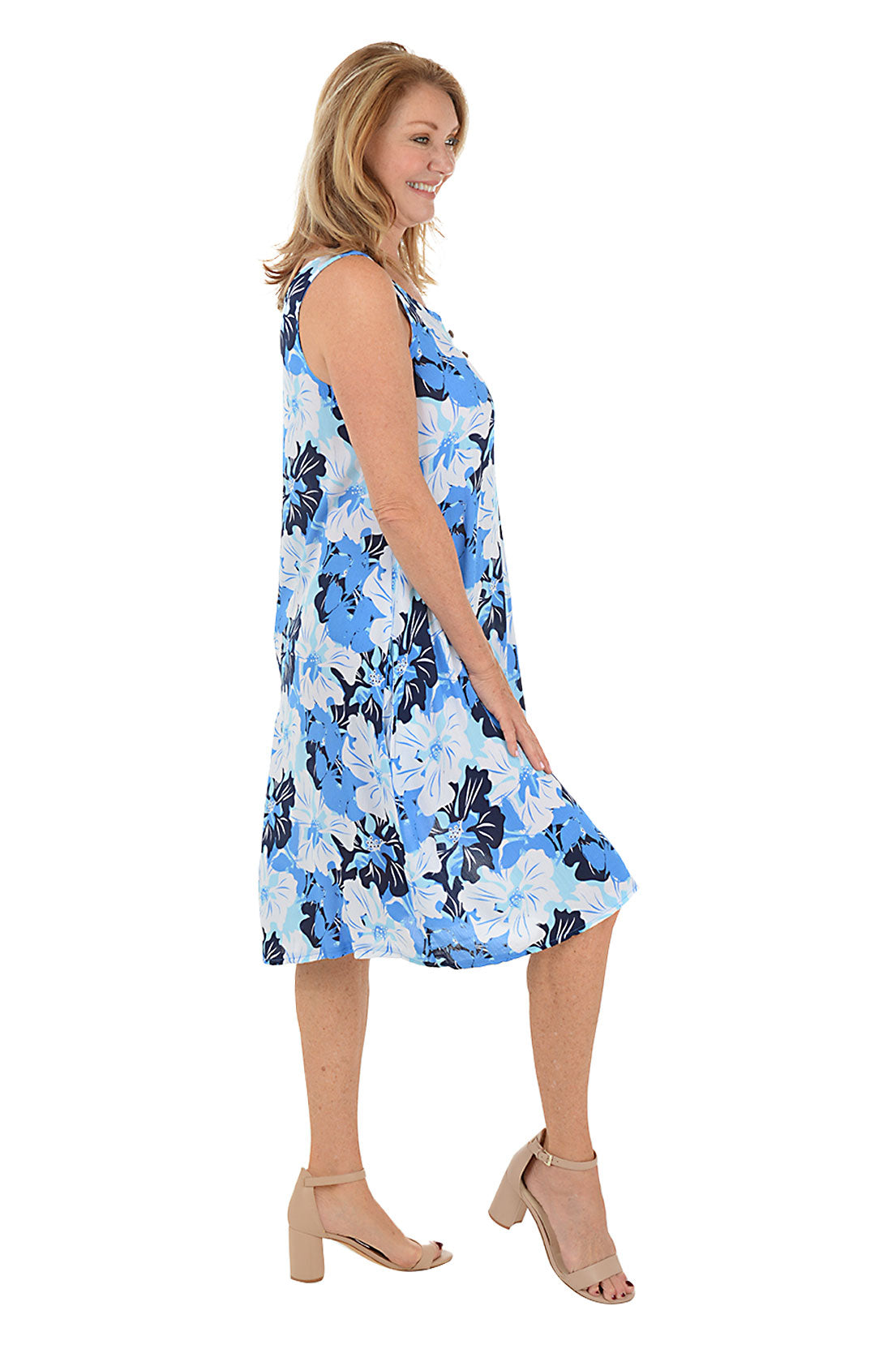 Blue Hibiscus Print Button-Down Sleeveless Summer Dress for Women - Perfect for Beach Vacations, Garden Parties & Casual Outings