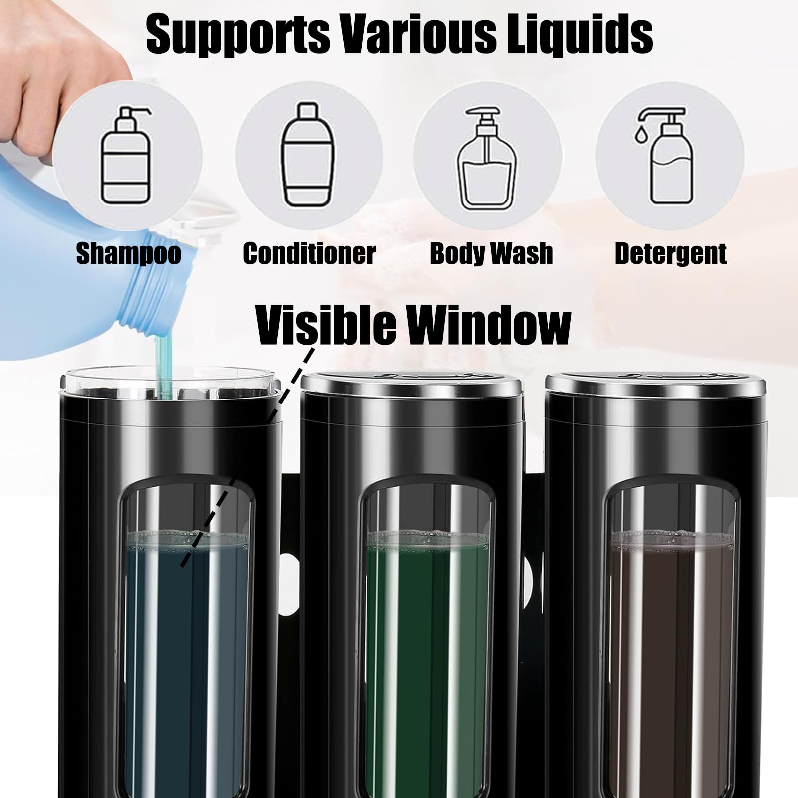 3 in 1 Bathroom Shampoo and Conditioner Dispenser with Waterproof Labels | No-Drill Shower Pump Dispenser Organizer - Holds Shampoo, Soap & Body Wash for Home, Hotel, RV | Perfect for Small Bathrooms, Travel & Space Saving Storage