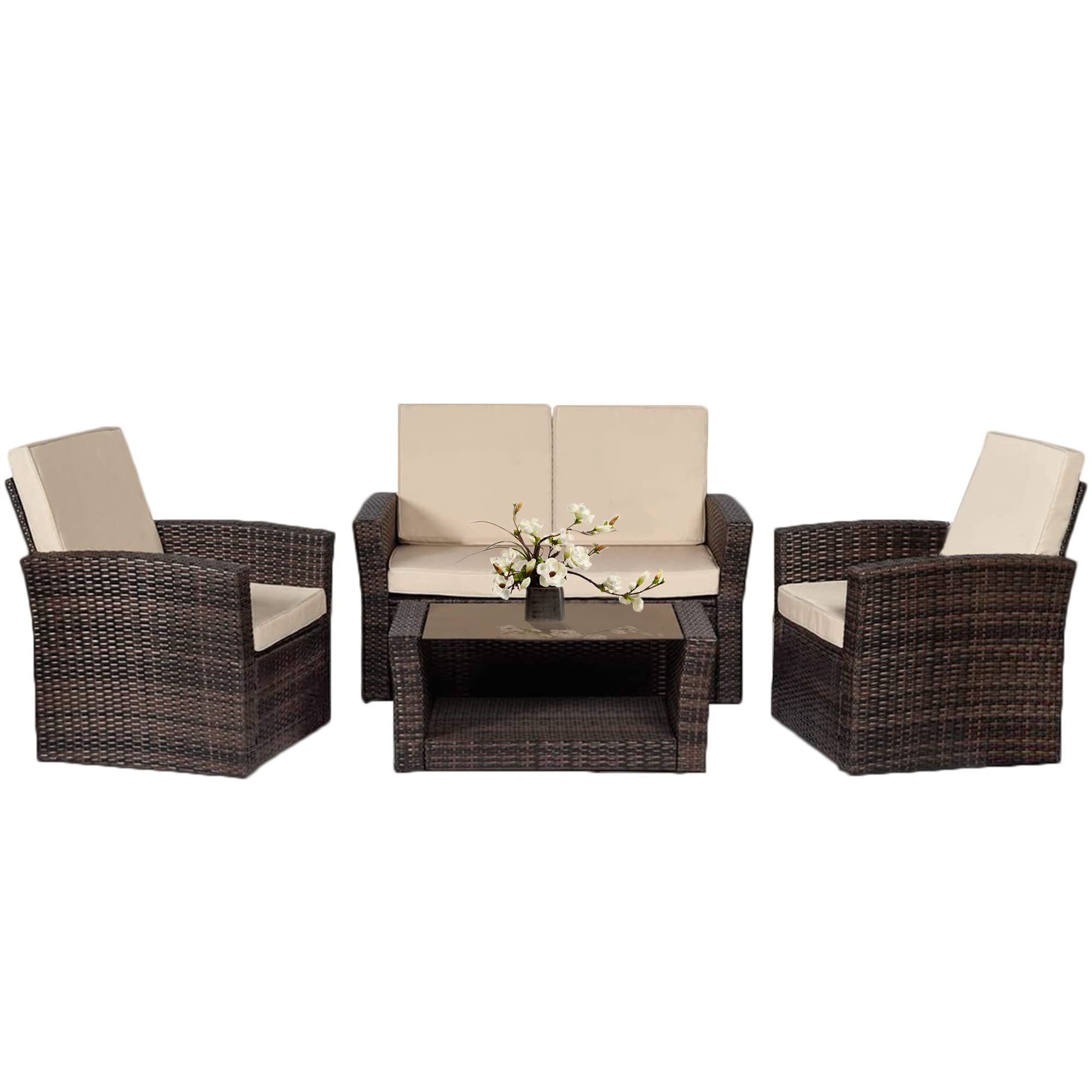 4-Piece Outdoor Patio Conversation Set - PE Rattan Wicker Sofa Furniture with Cushions & Glass Coffee Table for Garden, Balcony, Porch - Perfect for Backyard Relaxation & Outdoor Entertaining