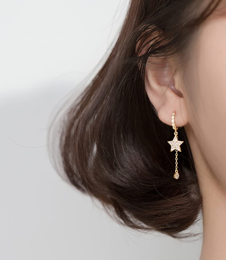SLUYNZ 925 Sterling Silver Star Dangle Hoop Earrings for Women - CZ Drop Earrings with Asymmetric Chain Design | Perfect for Parties, Date Nights & Everyday Wear
