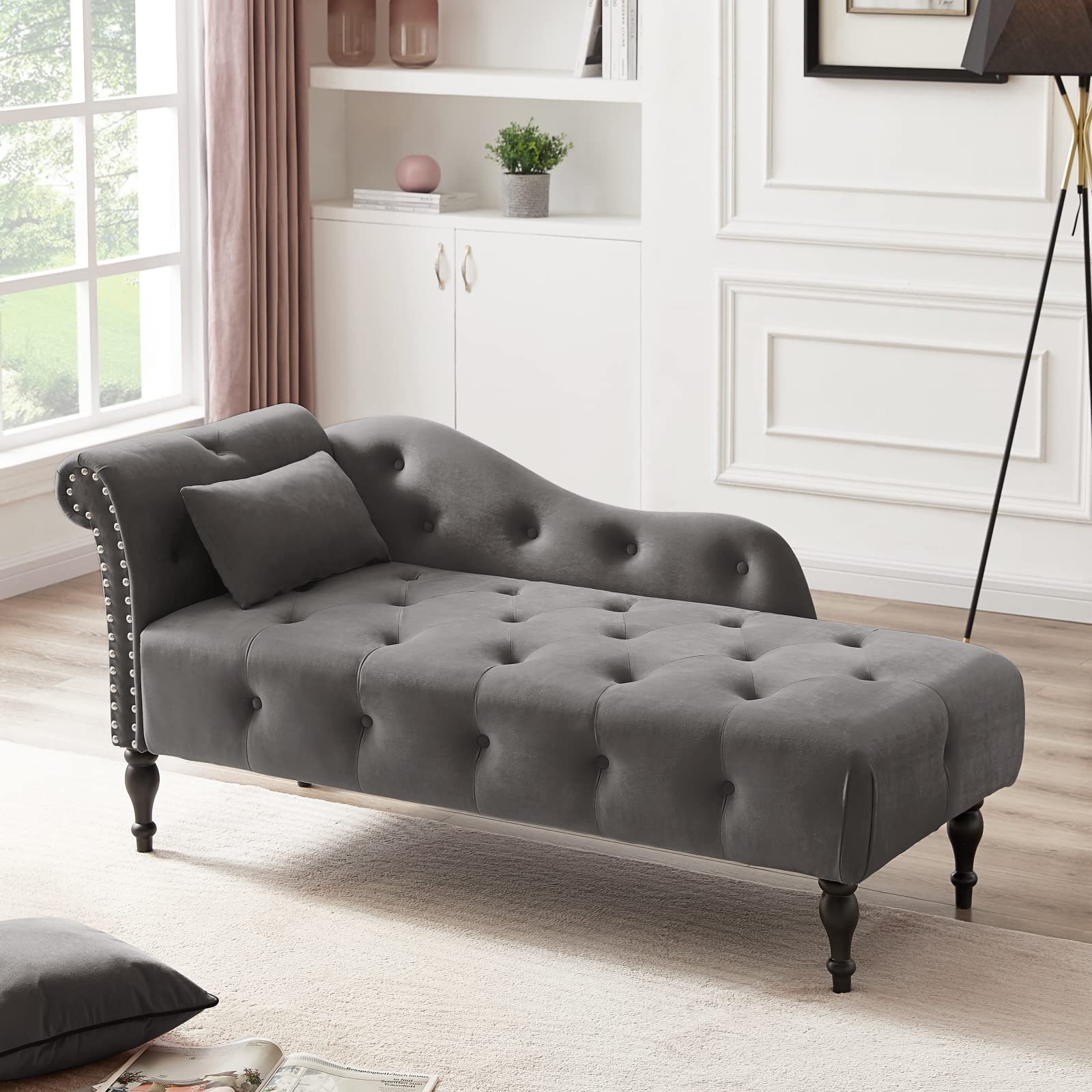 Velvet Chaise Lounge Sofa with Tufted Pillow & Nailhead Trim - Modern Accent Chair with Solid Wood Legs for Living Room, Guest Room, Bedroom - Grey Upholstered Sleeper Lounge for Relaxing & Home Decor