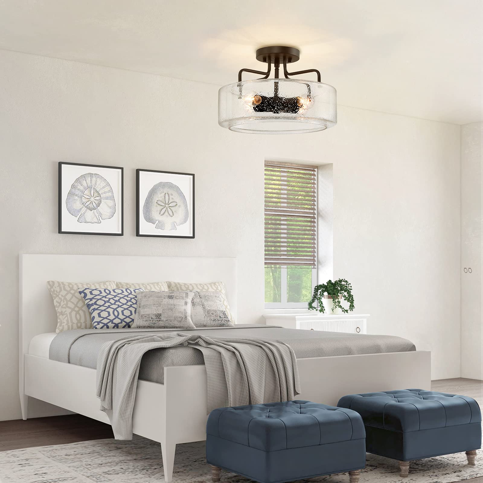 Farmhouse Semi Flush Mount Ceiling Light Fixture - 4-Light Oil Rubbed Bronze with Drum Seeded Glass Shade for Hallway, Bedroom, Kitchen, Foyer & Bathroom | Rustic Lighting for Home Decor & Interior Design