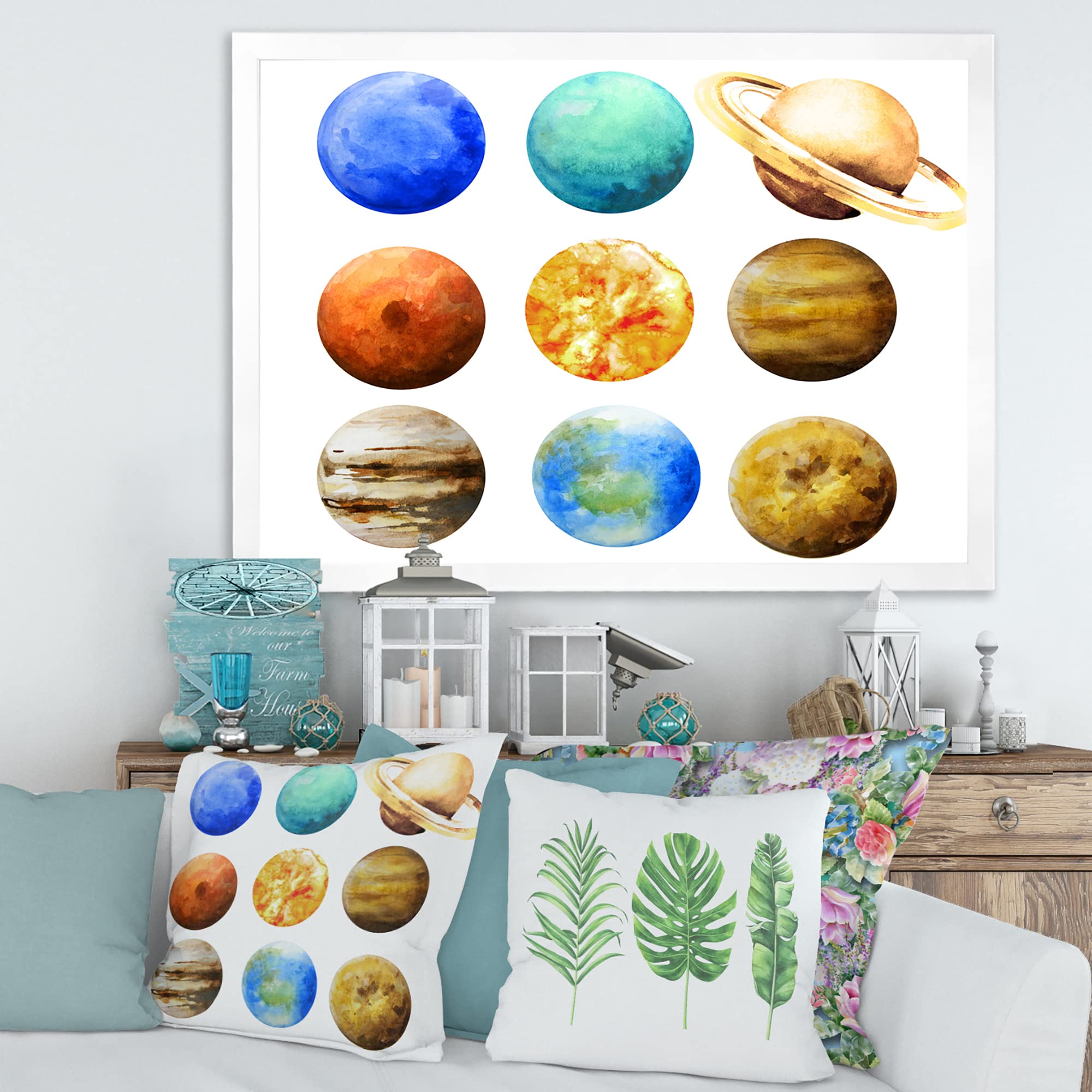 DesignQ Various Planets in Orbit Modern Framed Wall Art - Solar System Decor for Living Room, Bedroom & Office Space