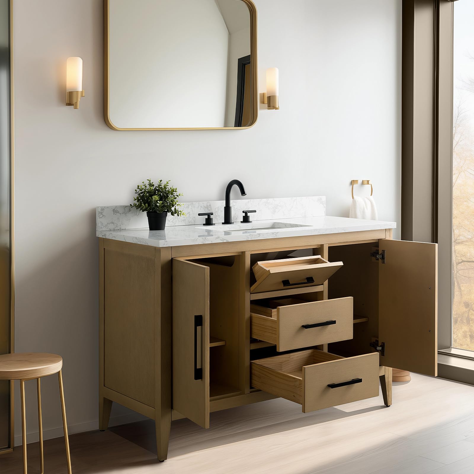 Vanity Art 48 Inch Bathroom Vanity Set with Single Sink & Ceramic Countertop - Soft-Close Cabinet Doors, Drawers, Solid Wood Frame in Natural Oak Finish (VA9048-NO-MB1) - Perfect for Modern Bathrooms, Master Suites, and Home Renovations