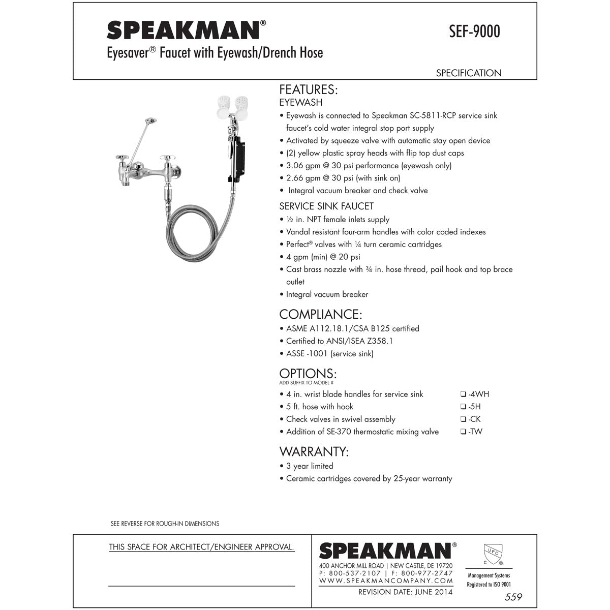 Speakman SEF 9000 5H Service Sink Eyewash Faucet with 5 ft Hose - ANSI Compliant Emergency Eye Wash Station for Laboratories, Workshops & Industrial Safety Use