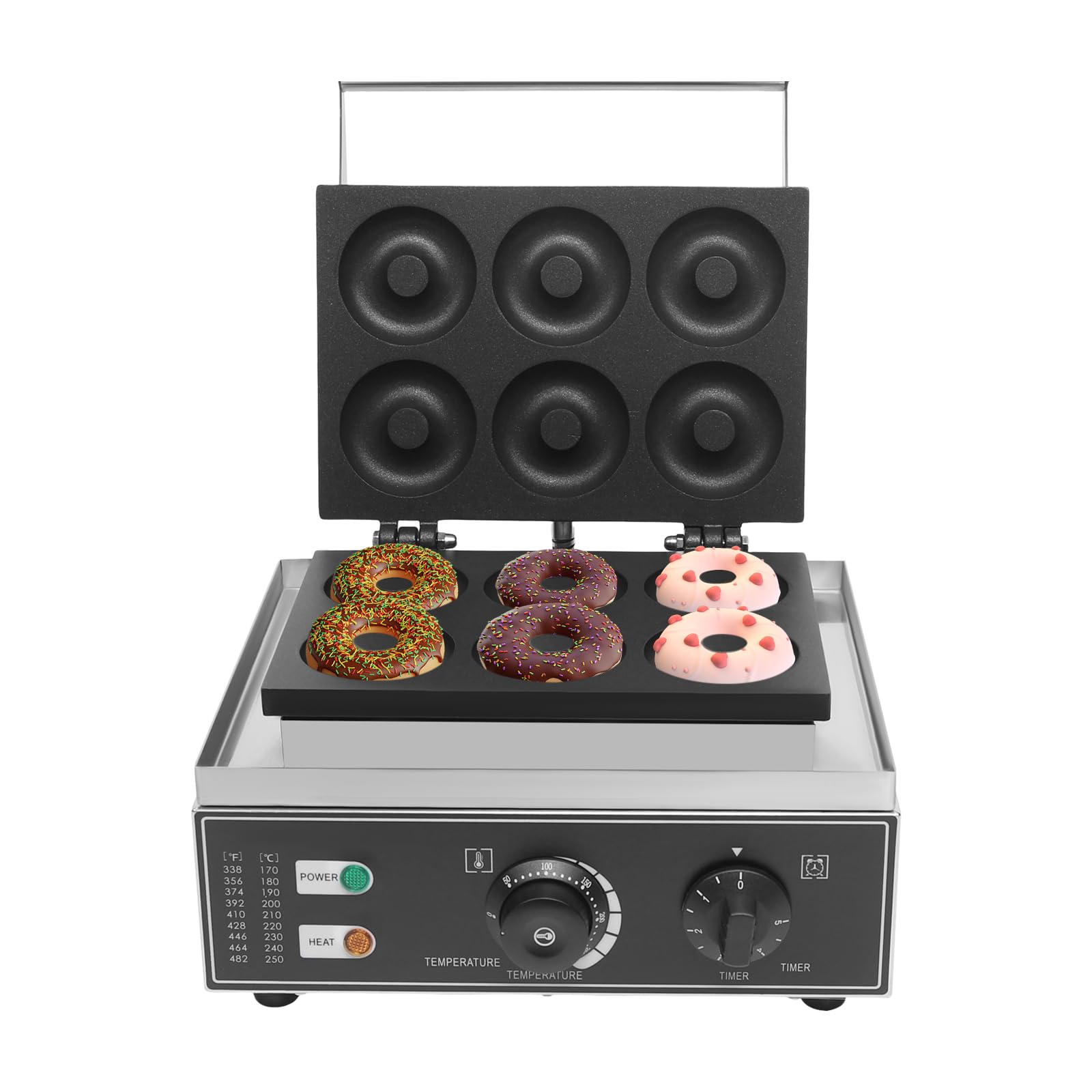 Commercial Stainless Steel Donut Maker Machine - 6Holes Double-Sided Electric Pancake & Waffle Baker with Non-Stick Surface, Time & Temperature Control (1550W) - Perfect for Bakeries, Breakfast Stores, Supermarkets, and Home Kitchens
