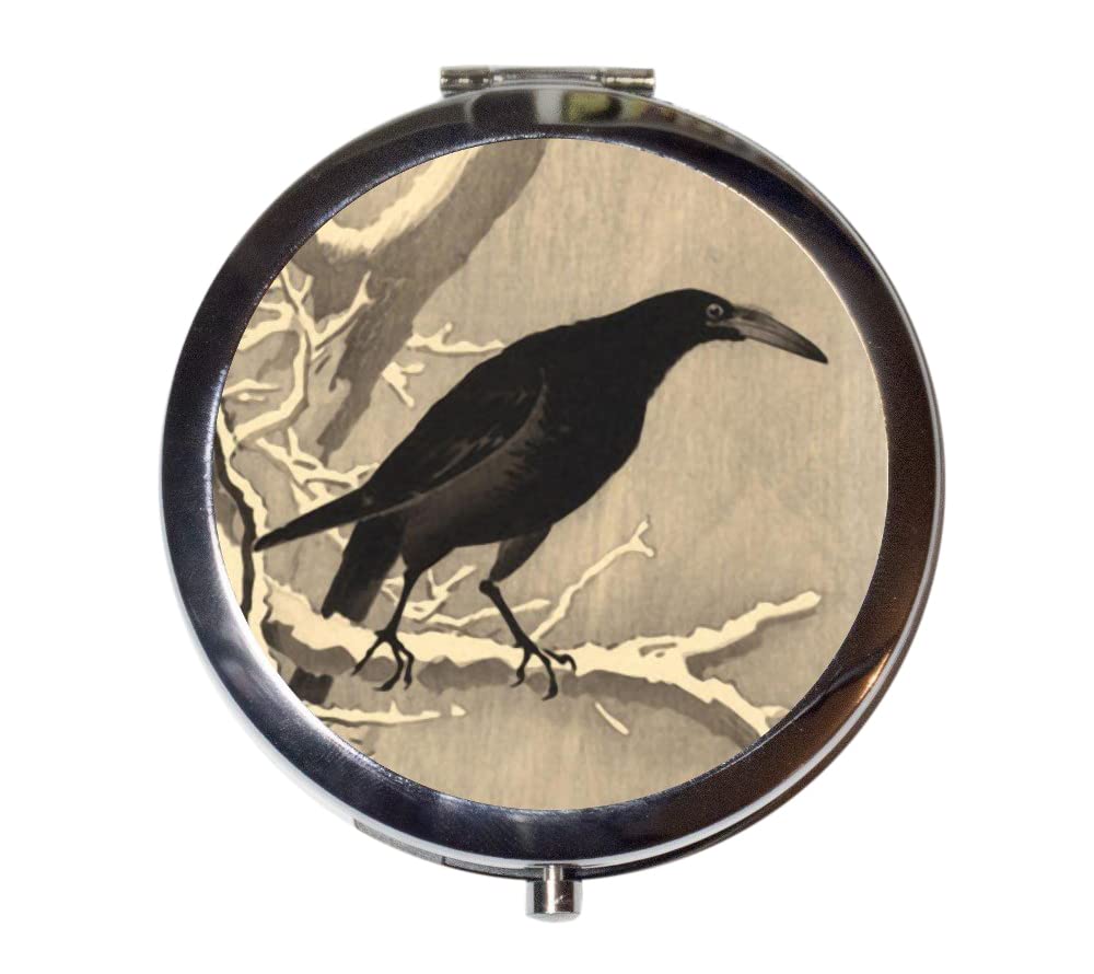 Japanese Woodblock Crow Compact Mirror - Black Bird Asian Art Makeup Mirror for Cosmetics | Portable Travel & Everyday Use Makeup Accessory