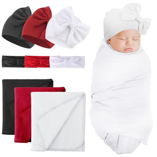 3 Sets: Bow Hat + Bow Headband + Blanket (Burgundy, White, Black)
