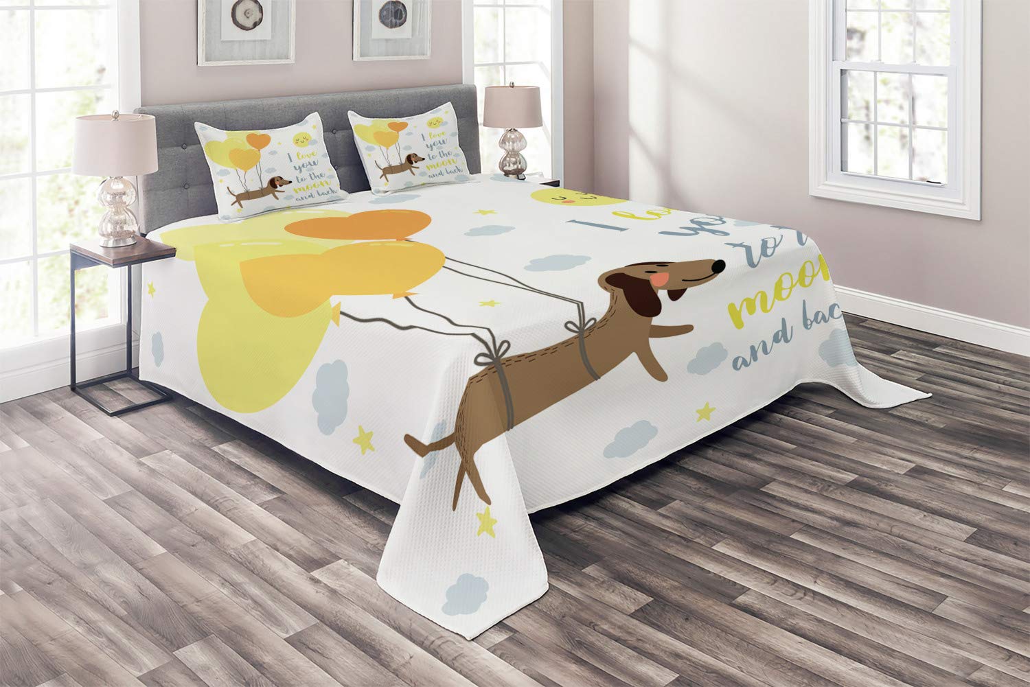 Ambesonne I Love You Quilt Set - King Size 3-Piece Bedspread with Dog Balloons, Hearts, Sun & Clouds Design, Blue Grey Yellow Cocoa - Perfect for Bedroom Decor, Gift for Dog Lovers, Cozy Home Accent