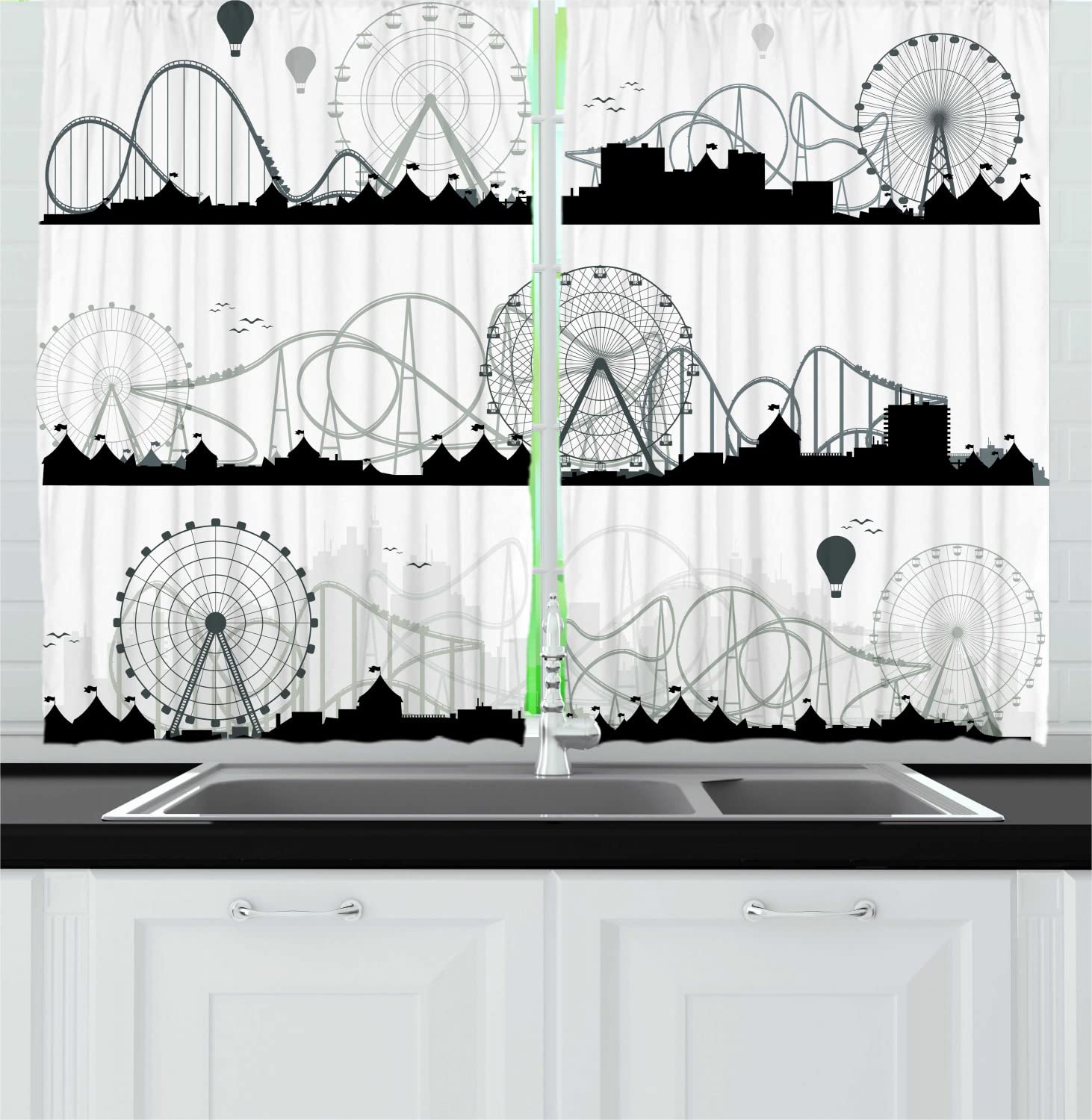 Ambesonne Ferris Wheel Kitchen Curtains - Modern Monochrome Funfair Carnival Design, 2 Panel Rod Pocket Drapes for Living Room & Bedroom Decor, 55 x 45 Inches, Dark Night Blue Ivory & Pale Almond Green - Perfect for Windows, French Doors & Home Theater Blackout