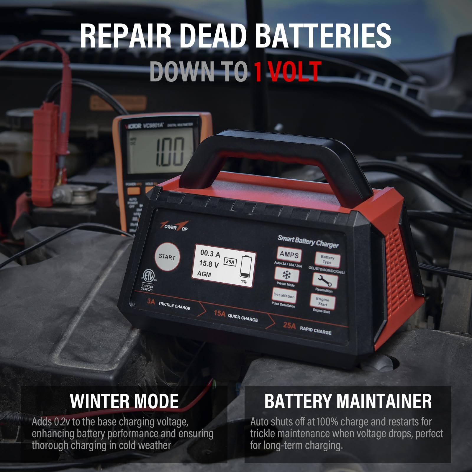 TowerTop 3/15/25 Amp 12V Smart Car Battery Charger & Maintainer - Automatic Engine Start, Auto Desulfator, Battery Repair - Works with Lead-Acid & LiFePO4 Batteries - Perfect for Cars, Trucks, Motorcycles & Marine Vehicles