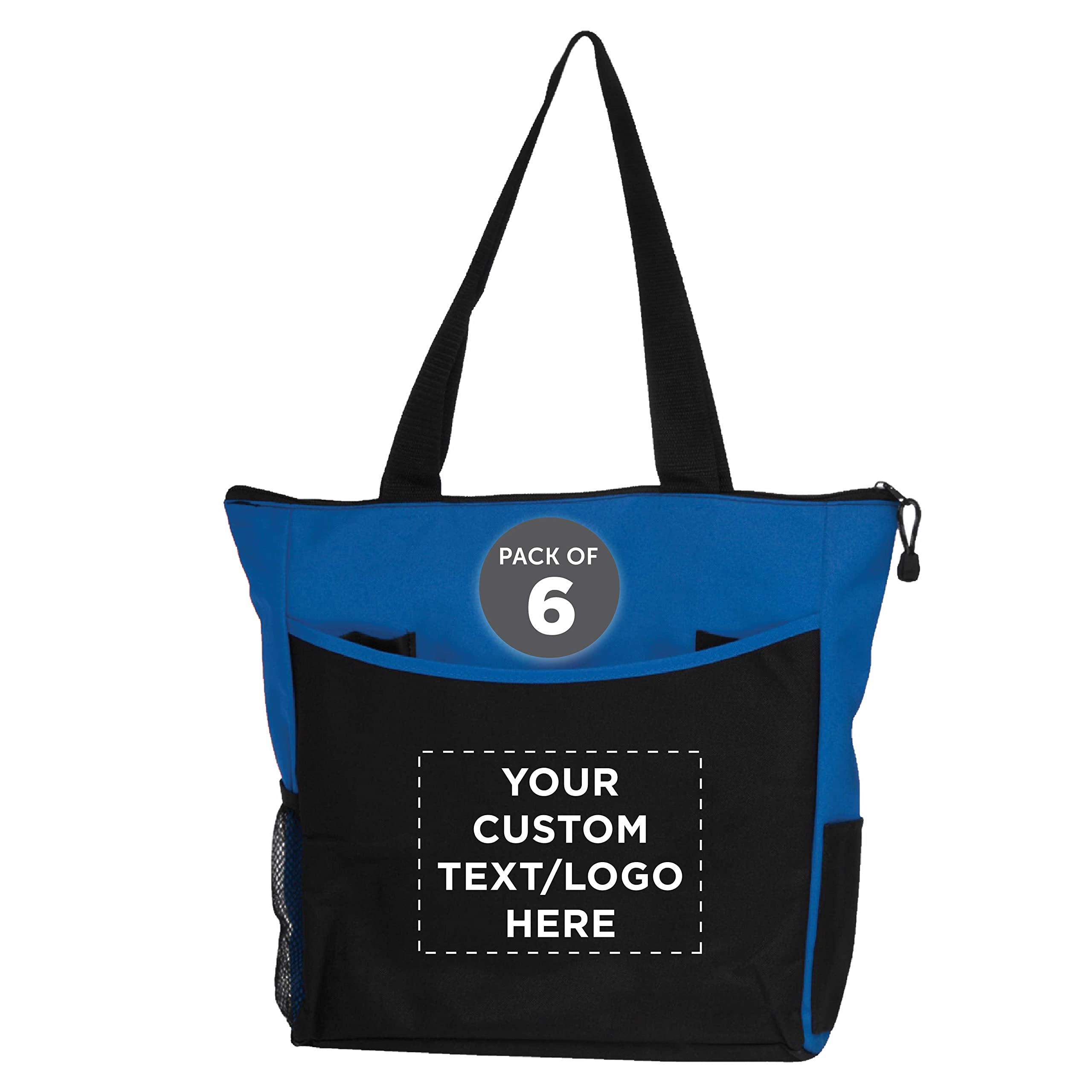 Custom Personalized Beach Tote Bags with Mesh Pockets - Set of 6 Reusable Bulk Pack - Perfect for Picnic, Camping, Beach & Outdoor Activities - Blue | Great for Summer Vacations, Pool Parties and Family Outings