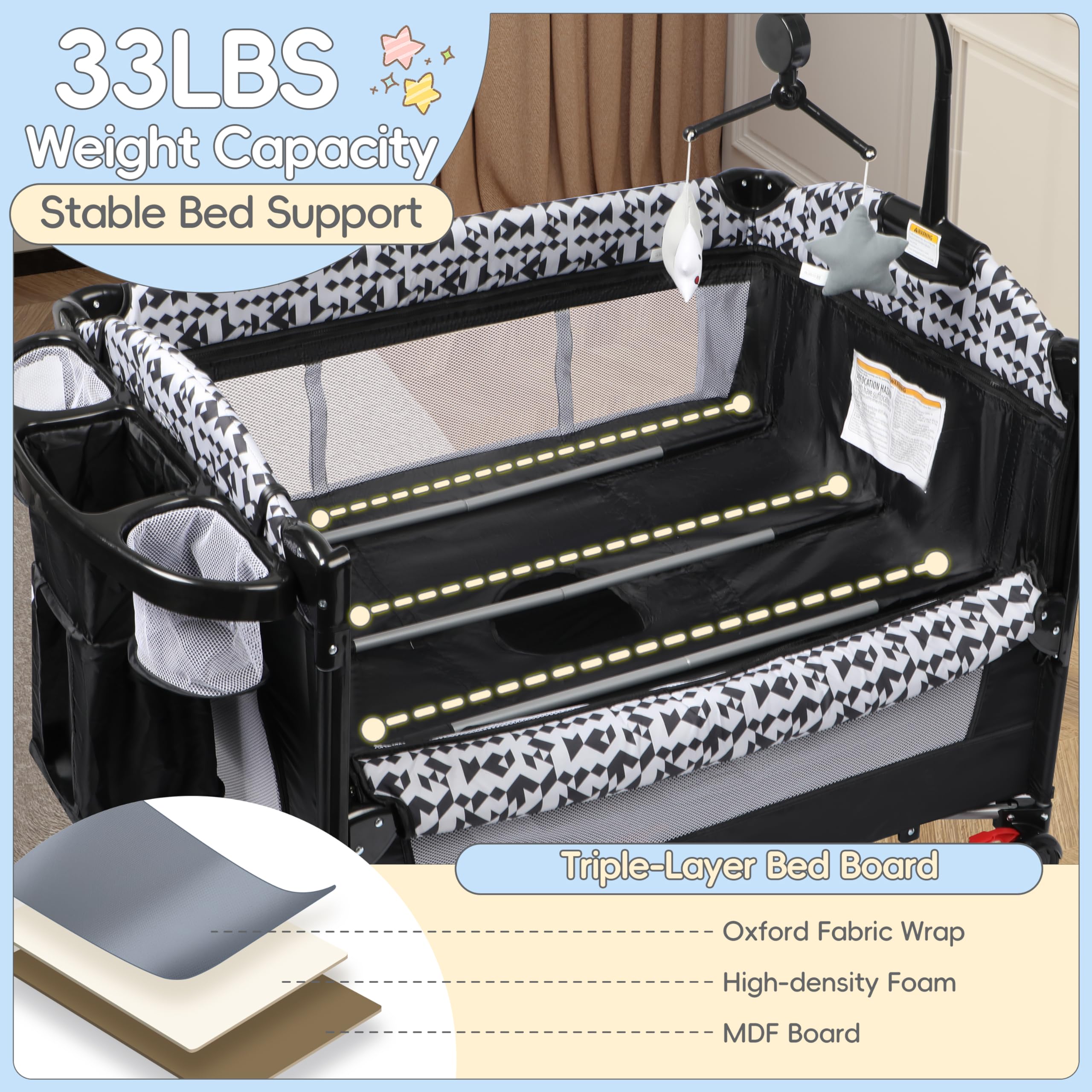 Xilingol 5-in-1 Portable Baby Playard with Bassinet, Bedside Sleeper, Diaper Changer, Storage Bag & Soothing Music Box - Foldable Travel Crib with Carry Bag for Newborns to Toddlers - Perfect for Nursery, Bedroom & On-the-Go Parenting