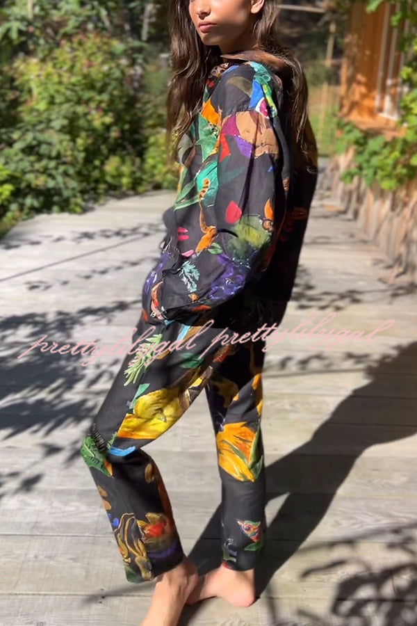 Stylish Floral Print Long Sleeve Blouse with Elastic Waist Wide Leg Pants Set - Women's Casual Outfit for Work, Date Night & Spring Fashion