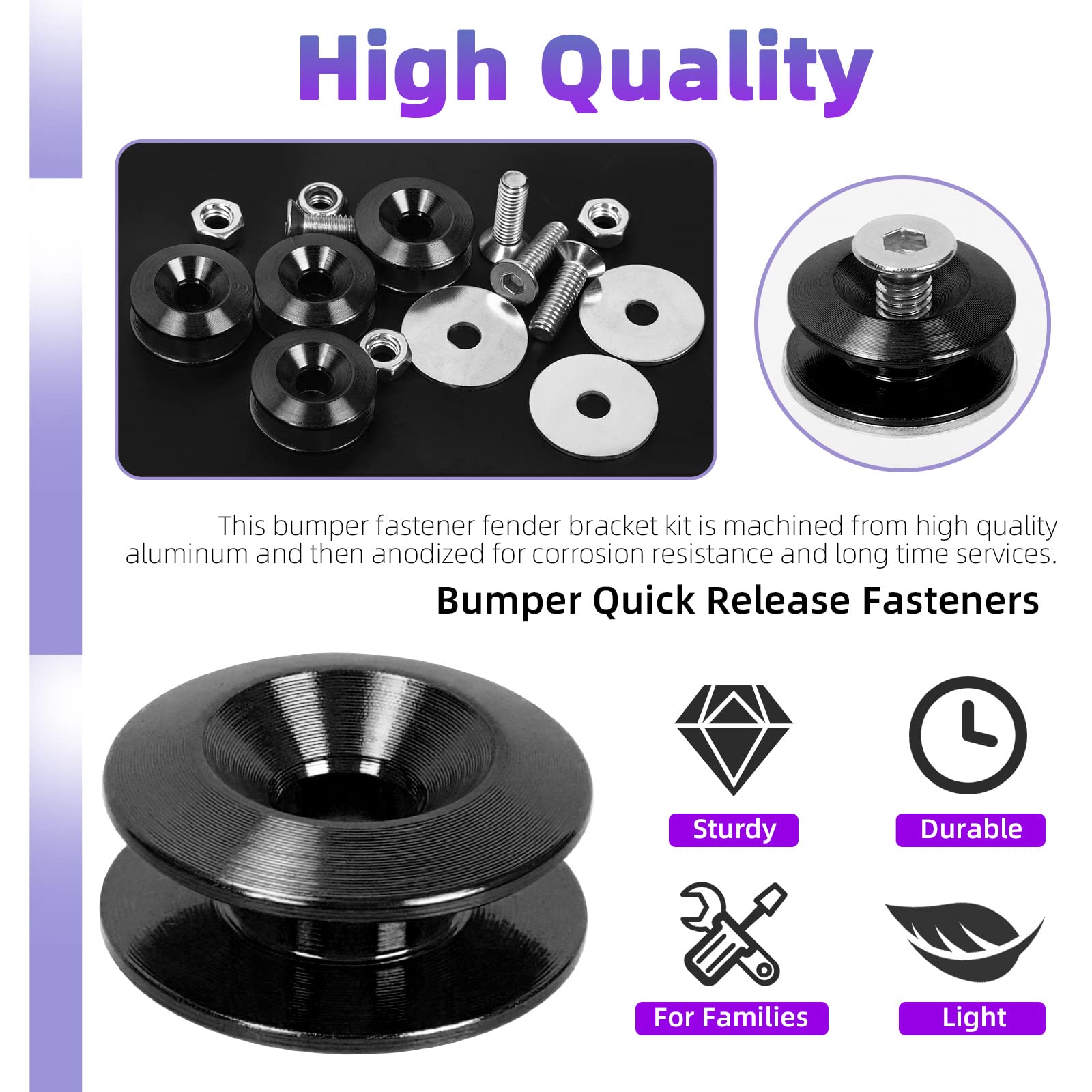 Swpeet 54Pcs Universal Black Quick Release Fastener Kit - 3 Pairs Aluminum Bumper Clips for Car Front Rear Bumper & Trunk Fenders | Durable Auto Body Fasteners for Easy Installation & Maintenance | Perfect for DIY Car Repairs & Custom Modifications