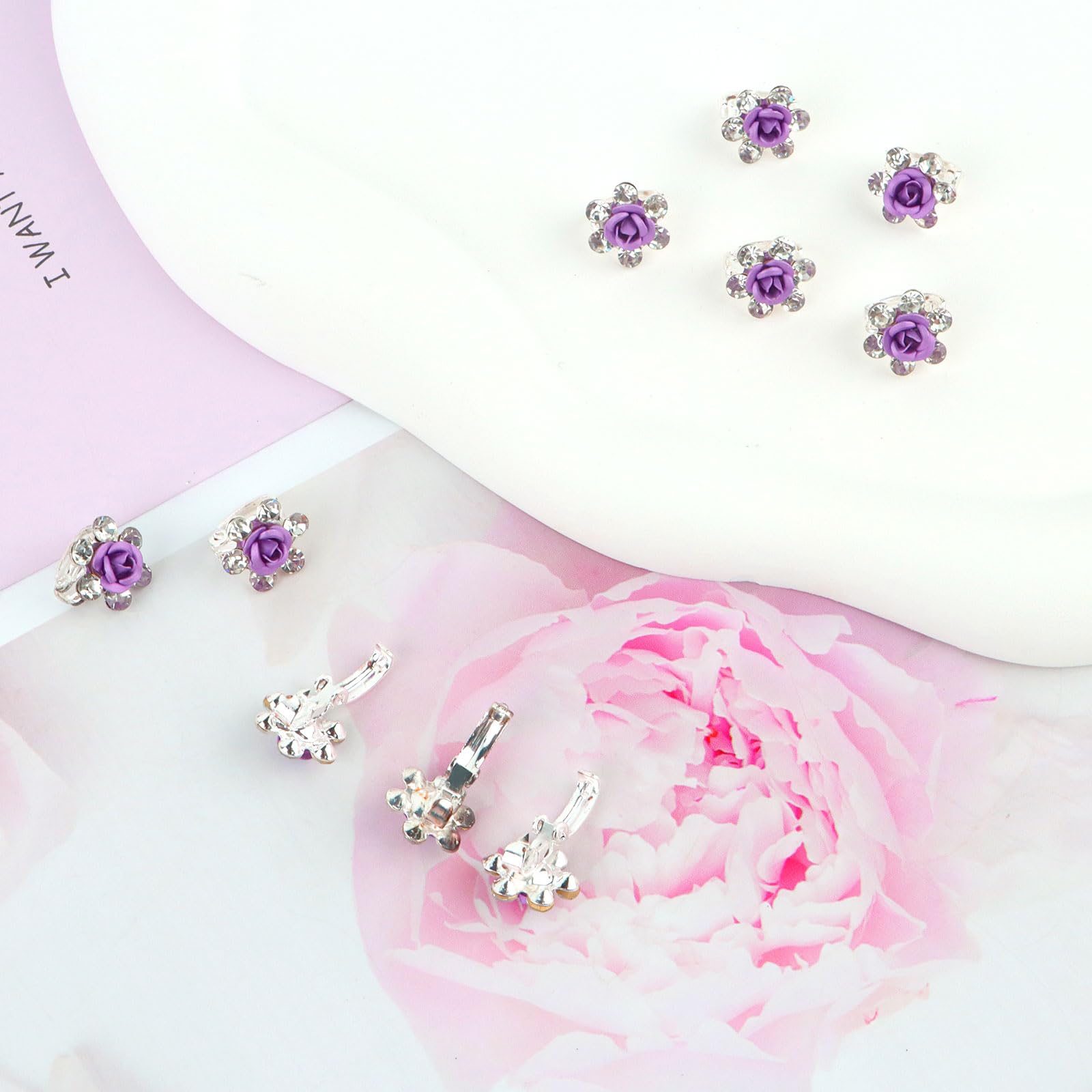 YISSION 20Pcs Mini Purple Flower Hair Clips with Rhinestones - Cute Decorative Hair Pins for Women & Girls - Wedding & Bridal Hair Accessories - Perfect for Parties, Prom, Daily Styling