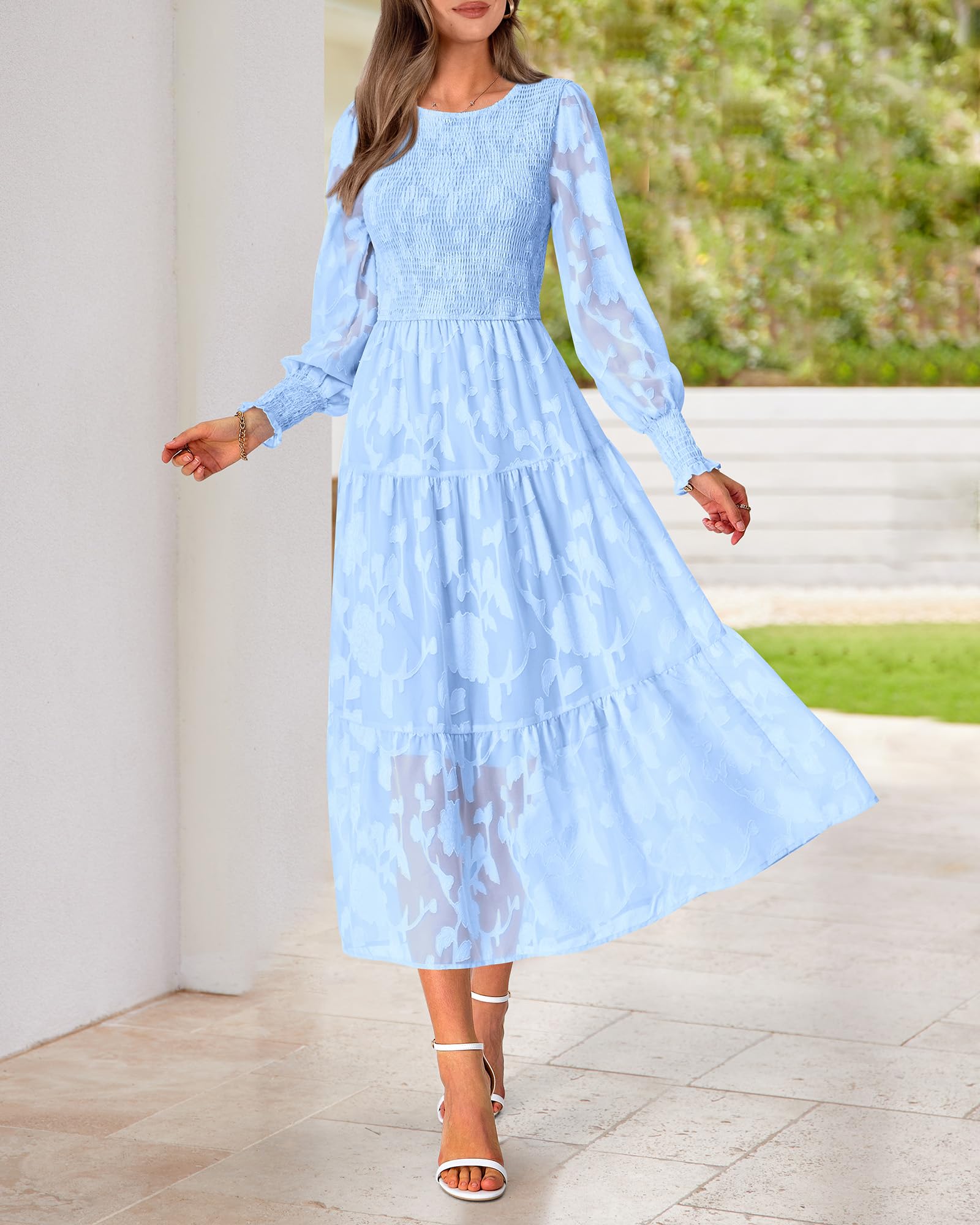 BTFBM Elegant Floral Midi Dress for Women - Long Sleeve Bohemian Wedding Guest Dress - Spring 2025 Casual Flowy Dress for Garden Parties, Bridal Showers & Special Occasions