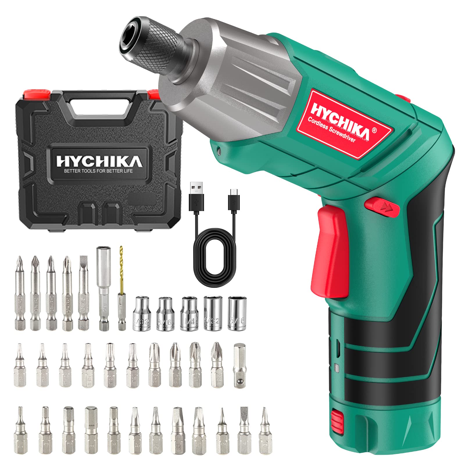 HYCHIKA 4V Cordless Electric Screwdriver with 2.0Ah Battery - Rechargeable Screw Gun Set Includes 36pcs Accessories, LED Light & Ratchet Wrench - Perfect for Home DIY, Furniture Assembly & Electronics Repair