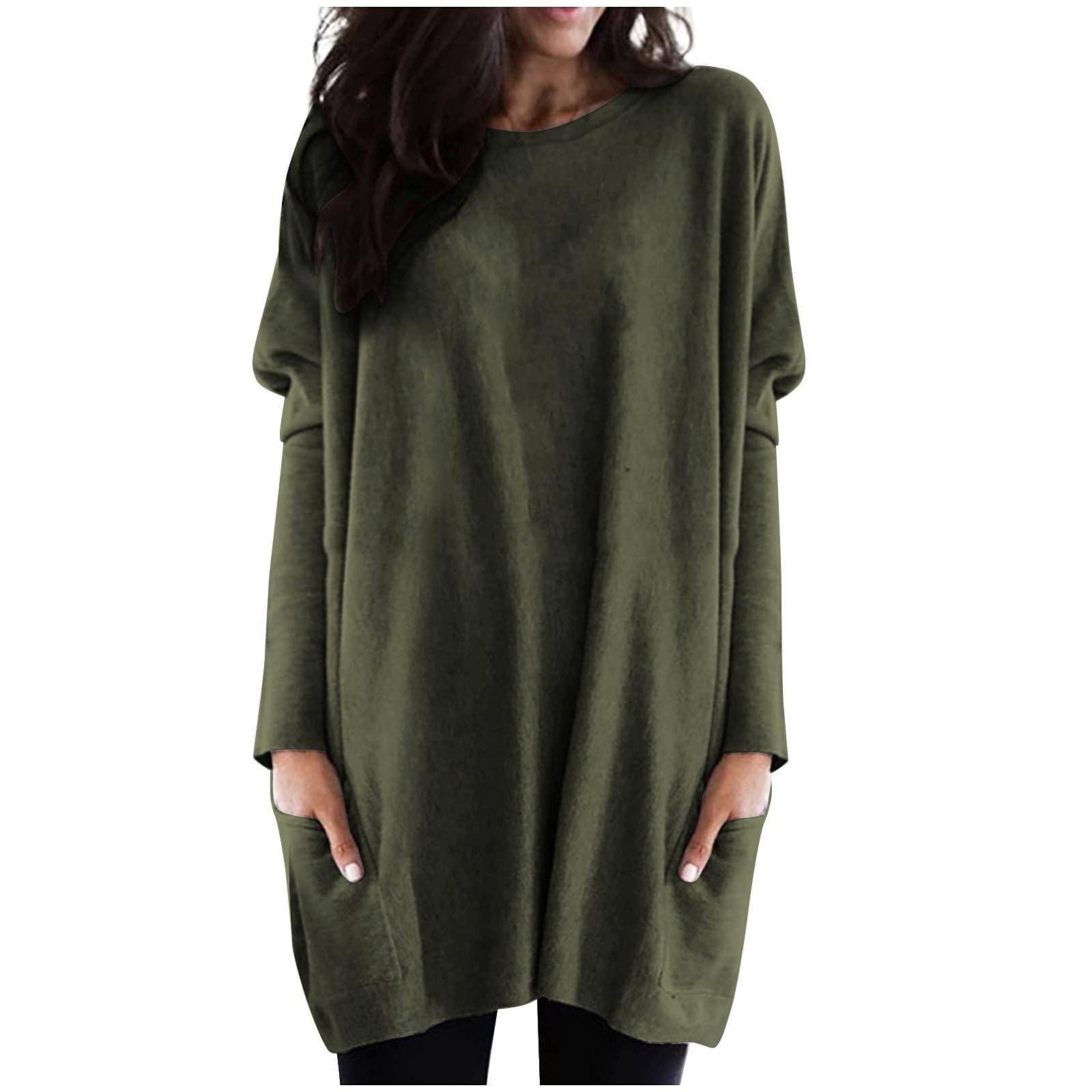 HUANKD Women's Long Sleeve Athletic Shirt - Casual Solid Color Cotton T-Shirt with Pockets, Loose Fit O-Neck Top for Workout, Yoga & Everyday Wear