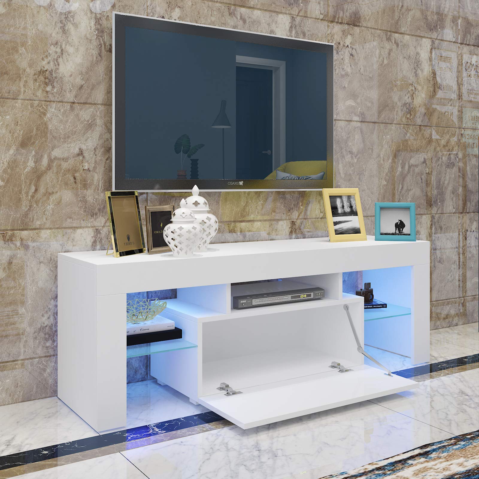 51 Inch Modern TV Stand with High-Gloss LED Lights - 2 Storage Shelves & Drawers - Entertainment Center for Living Room - Perfect for Home Theater Setup & Family Movie Nights