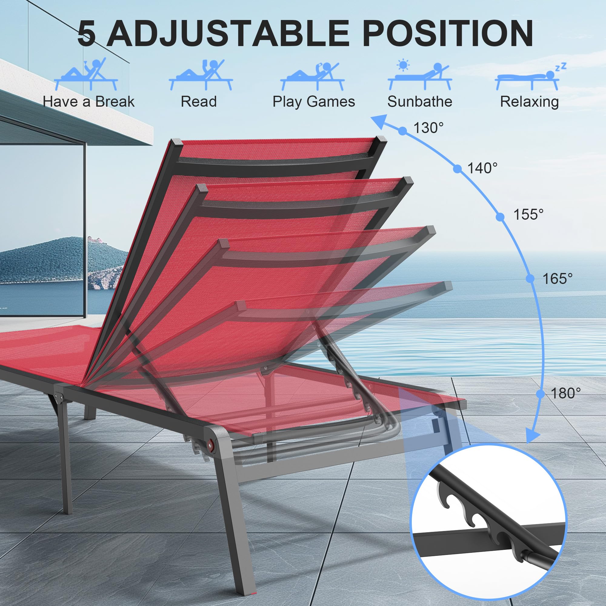Premium Foldable Outdoor Lounge Chair - 0-60° Adjustable Backrest, No Assembly Required, Stainless Aluminum Frame for Patio, Poolside & Beach Relaxation (Red) | Perfect for Sunbathing, Backyard Lounging & Vacation Getaways
