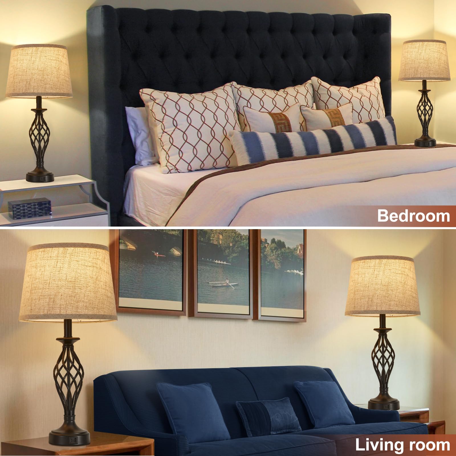 Modern Spiral Cage Table Lamp Set of 2 with USB C+A Ports - Bedside Nightstand Lamps with Fabric Shade & Included LED Bulbs for Bedroom, Living Room, Reading Nook - Black (Home Office Lighting, Guest Room Decor, Cozy Evening Ambience)