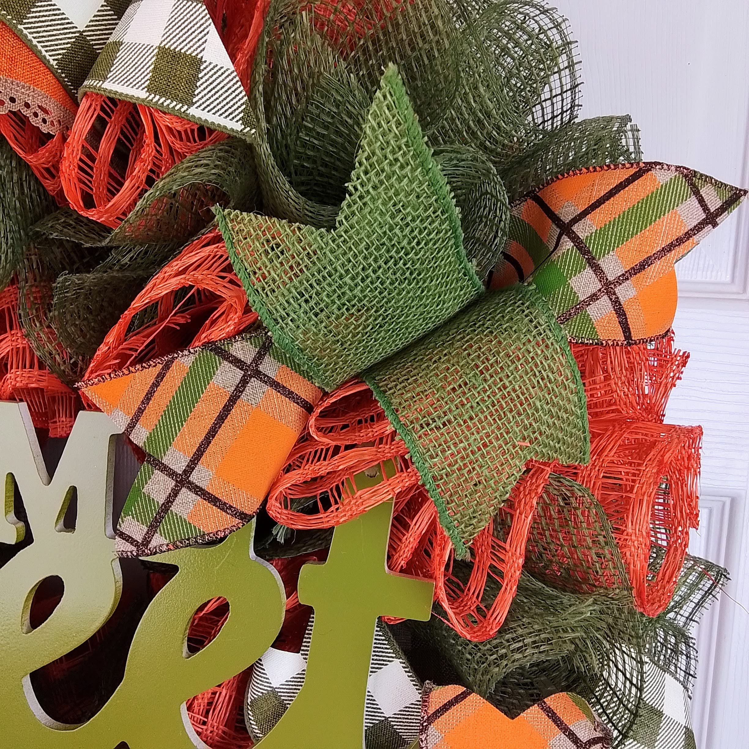 Thanksgiving Front Door Wreath - Buffalo Plaid Fall Wreath in Orange & Moss Green for Home Decor | Perfect for Autumn Entryway, Porch & Holiday Door Hanging