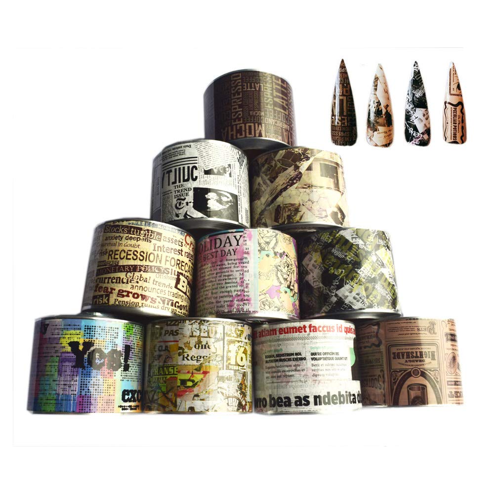 10 Rolls Vintage Newspaper Nail Foil Set - 50M x 4CM Transfer Stickers for Nail Art, Letters, Tickets, Maps & Starry Designs | DIY Nail Wraps for Salon, Home Manicure & Party Nail Decoration