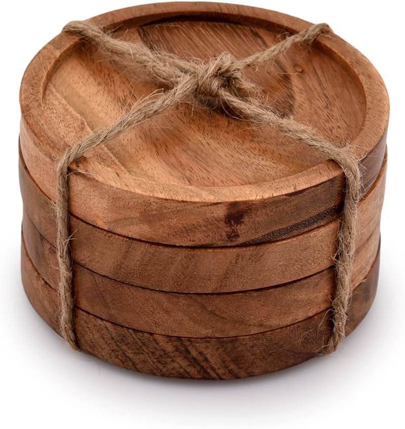SHAHAZ CRAFTS Natural Acacia Wood Drink Coasters Set of 4 - Reusable Wooden Coasters for Glasses, Cups & Mugs - Perfect for Coffee Tables, Dining Tables, Bars & Home Decor