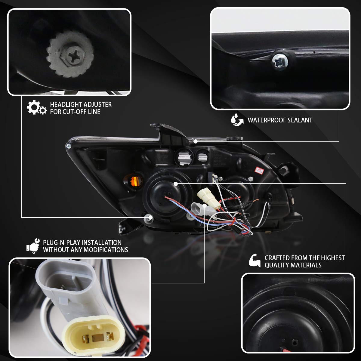 AUTOZENSATION LED Halo Projector Headlights for 2005-2010 Scion tC - Left & Right Pair Headlamp Assembly with Chrome Housing & Clear Lens - Perfect for Night Driving & Car Upgrades