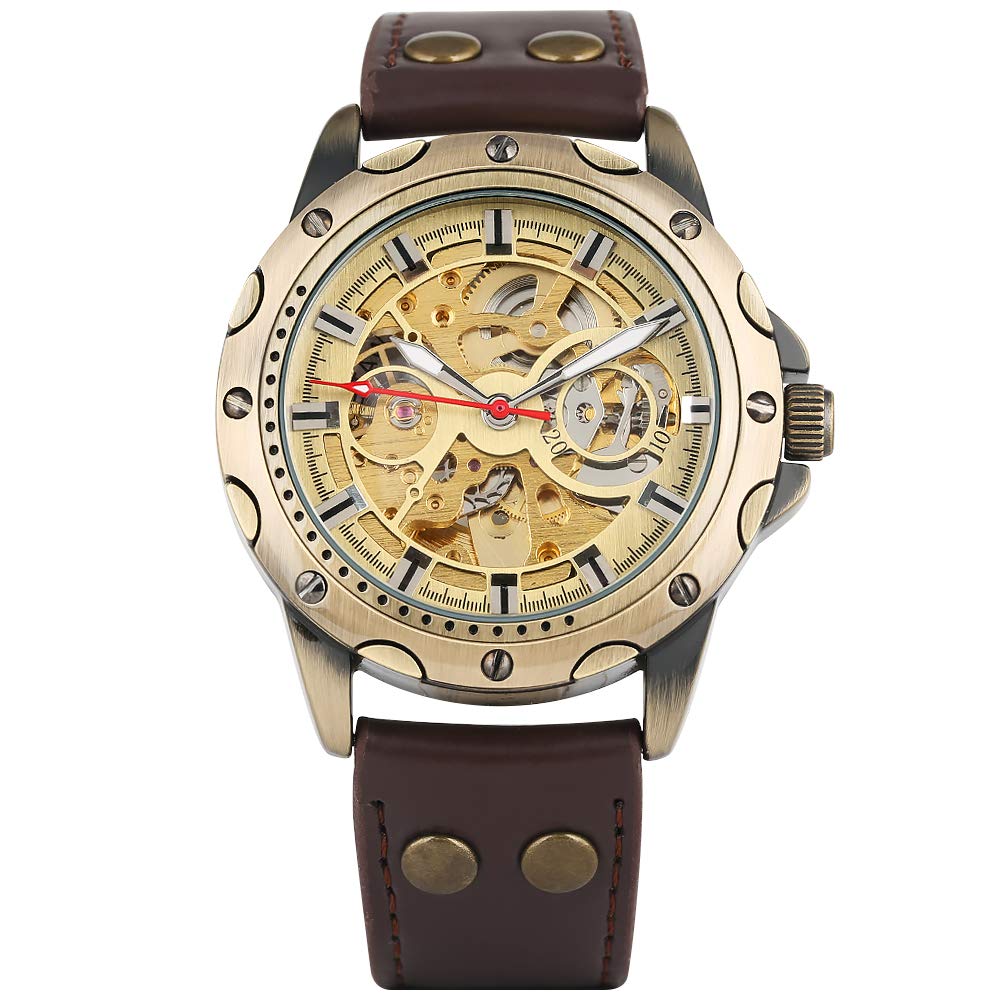 Premium Bronze Hollow-Out Automatic Self-Winding Mechanical Watch for Men - Classic Stainless Steel Skeleton Watch with Black Leather Strap - Durable Luxury Timepiece for Business, Formal & Casual Wear