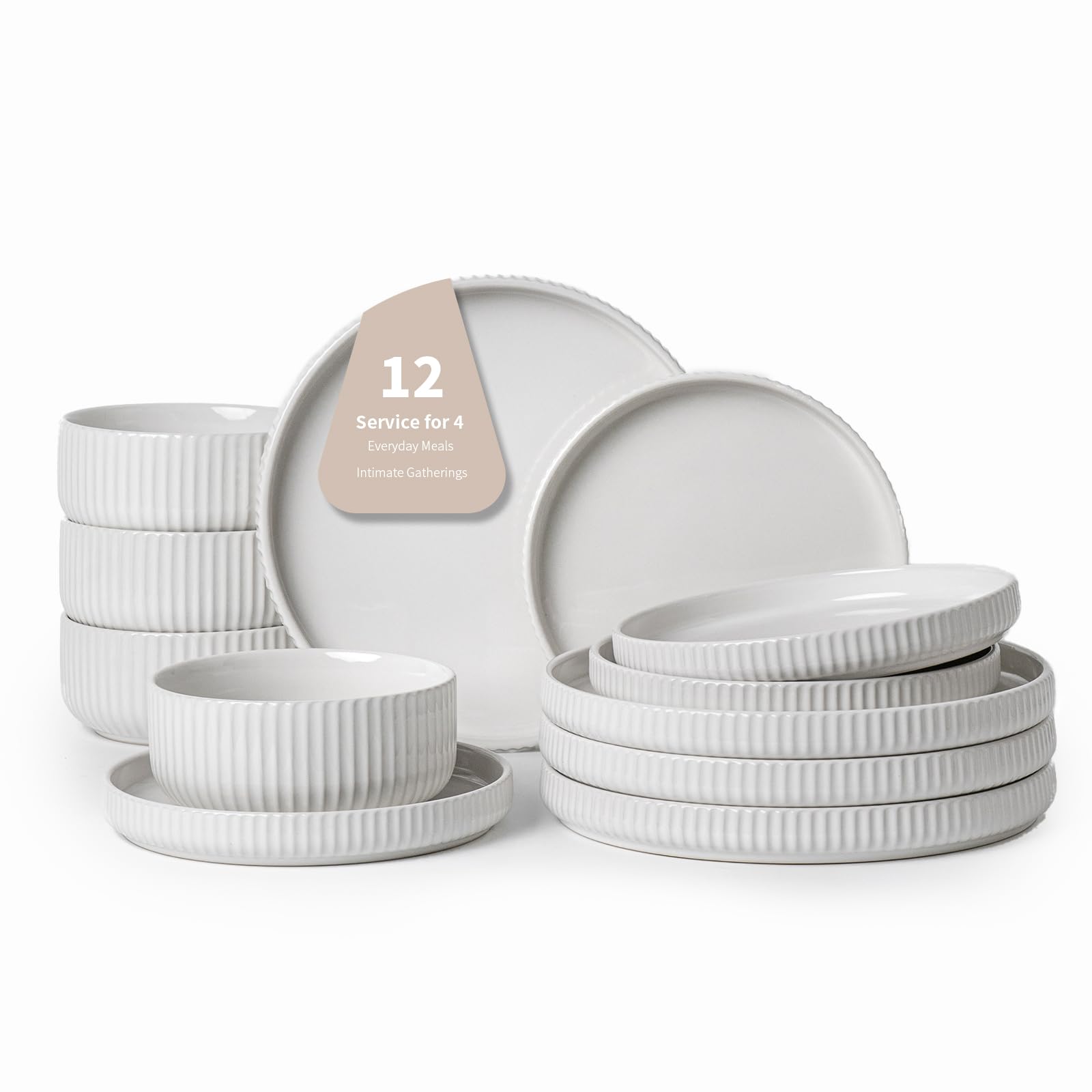 12-Piece White Dinnerware Set for 4, Modern High-Gloss Stoneware Plates & Bowls - Scratch Resistant, Microwave Safe - Perfect for Everyday Use & Dinner Parties