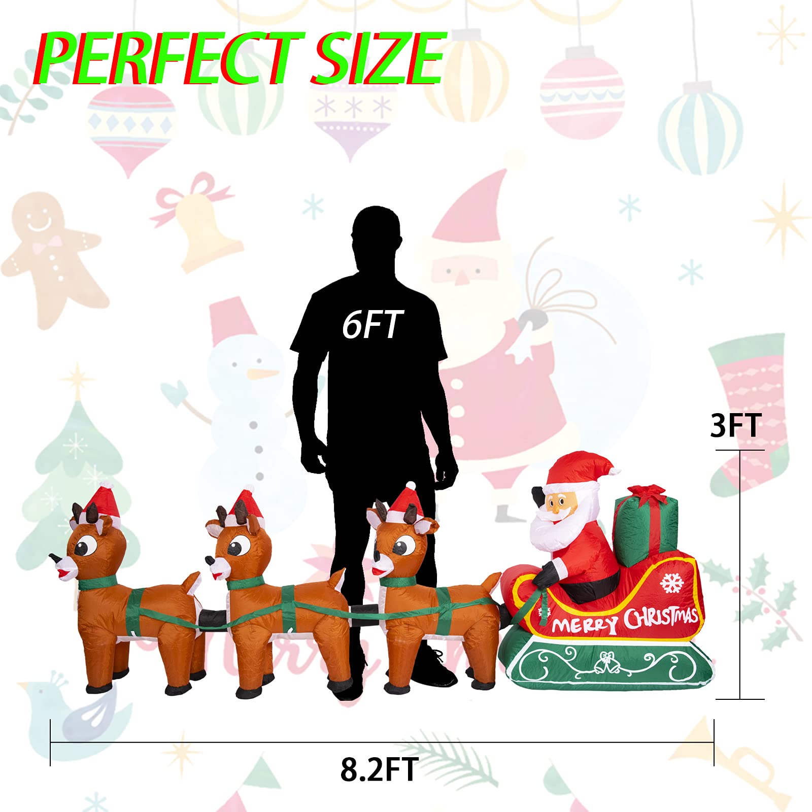 8.2FT Inflatable Santa Claus on Sleigh with 3 Reindeers - LED Lighted Christmas Yard Decoration for Holiday, Party, Xmas Decor - Perfect for Front Lawn, Garden & Outdoor Festive Decorations