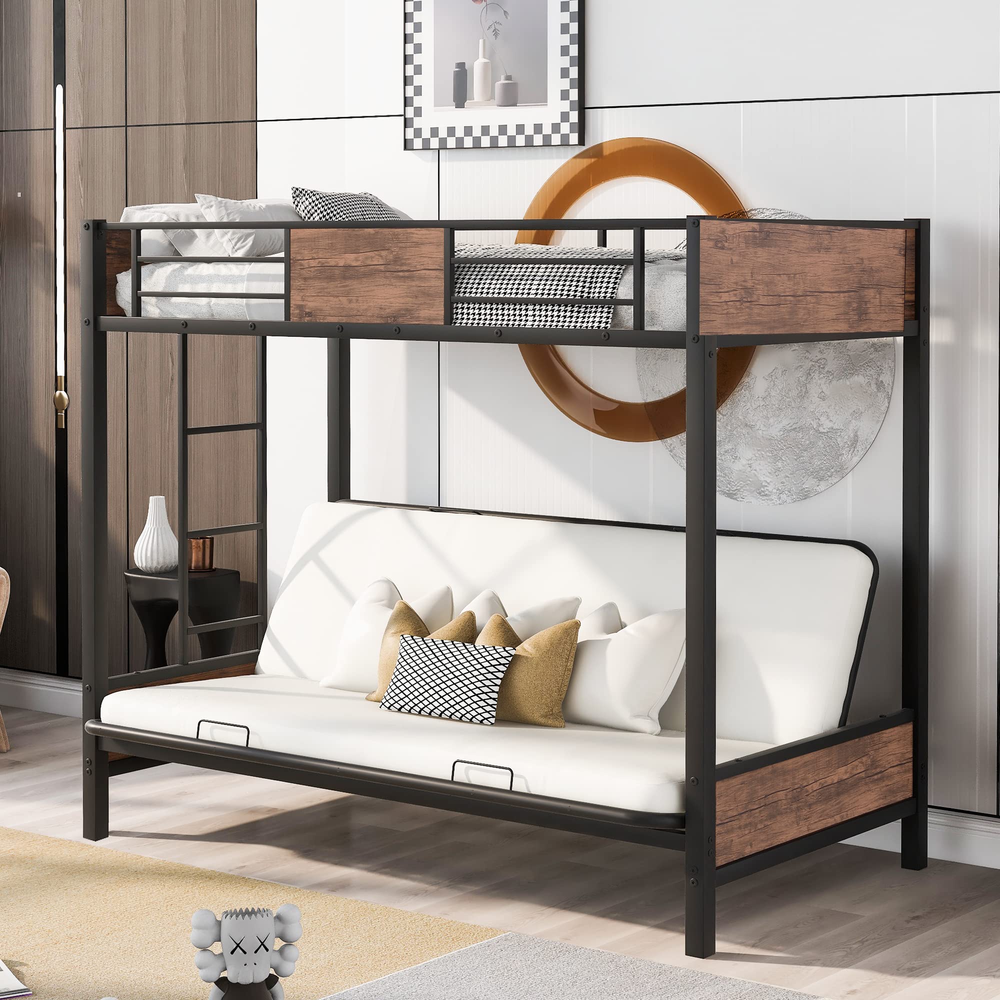Polibi Twin-Over-Futon Convertible Couch & Bunk Bed - Space Saving Metal Frame with Safety Guardrails & Ladder (Black) - Perfect for Small Apartments, Dorms & Guest Rooms