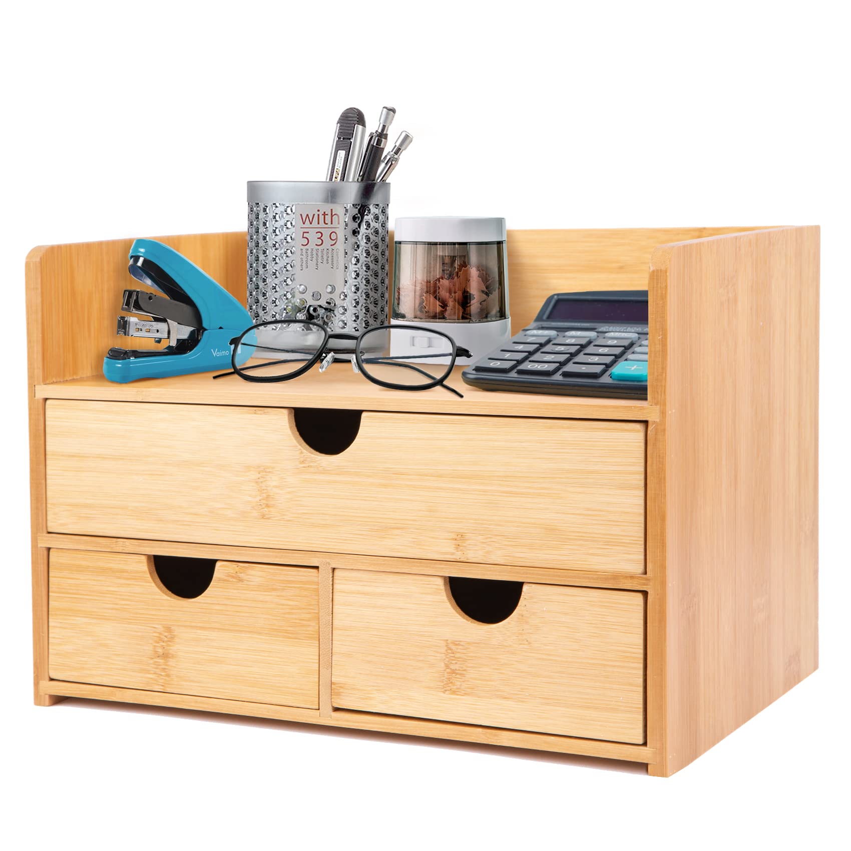 Bamboo Desk Organizer with Drawers - Stylish Desktop Storage for Office, Bathroom & Kitchen Countertop - Small Drawer Organizer for Pens, Makeup & Utensils - Perfect Workspace & Home Organization Solution