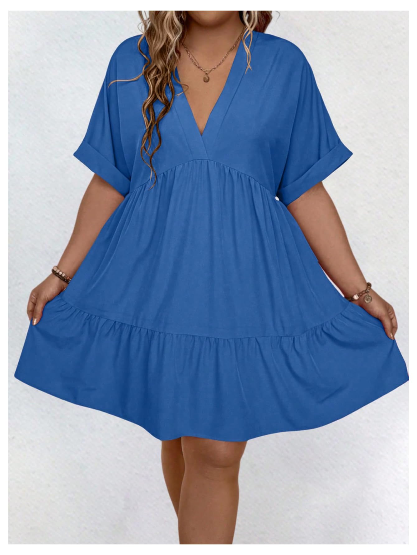 SOLY HUX Women's Plus Size V-Neck Flowy Summer Dress - Short Sleeve Loose Swing Smocked Casual Dress for Women, Perfect for Beach Vacation, Outdoor Picnic & Daily Wear