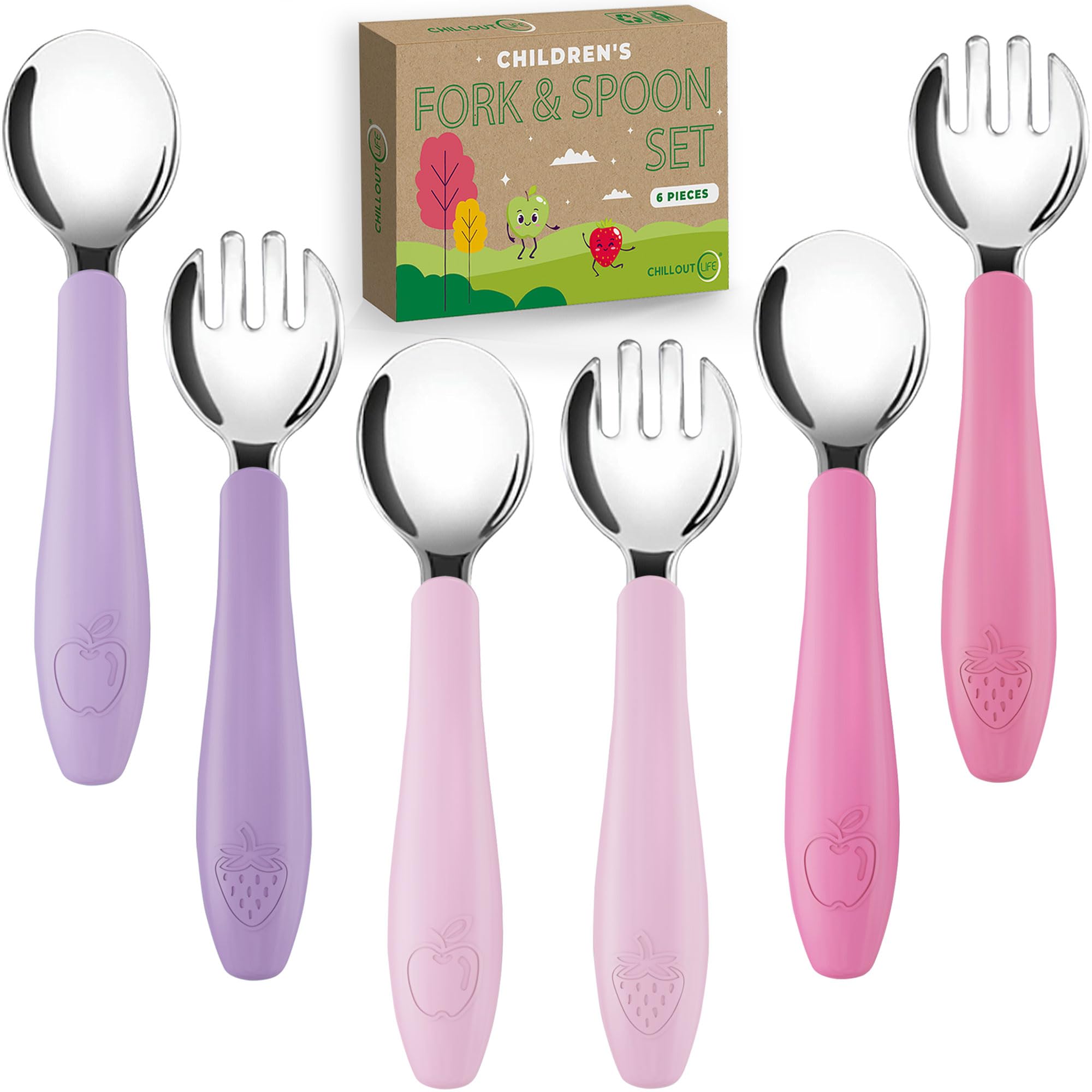 CHILLOUT LIFE Toddler Utensil Set - BPA-Free Stainless Steel Baby Forks & Spoons with Soft Silicone Handles for Self Feeding | Dishwasher Safe | Perfect for Home, Daycare & Travel Meals