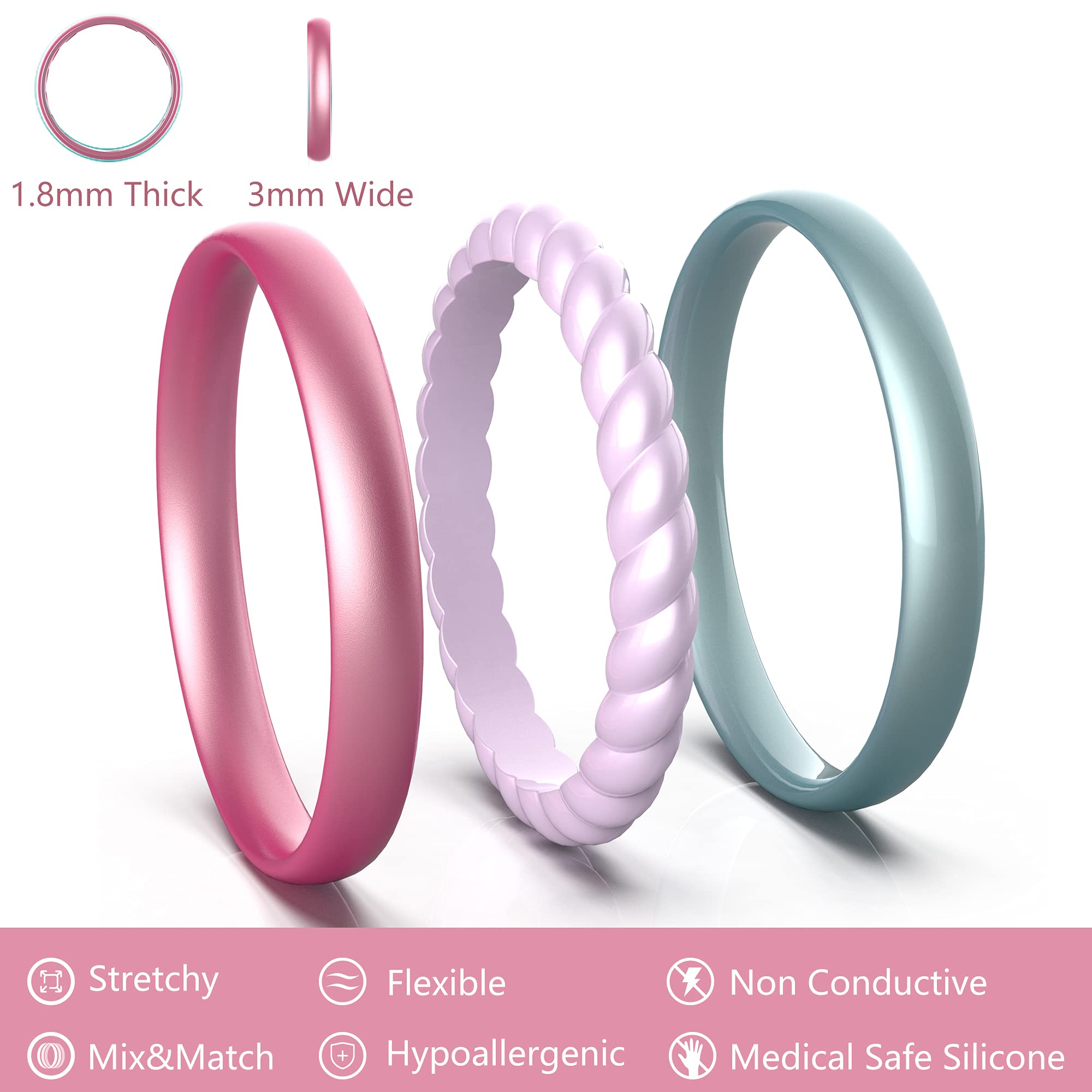 Zollen 3mm Thin Braided Silicone Wedding Rings for Women - Metallic Color Stackable Rubber Bands, Hypoallergenic Comfort Fit - Perfect for Active Lifestyle, Gym, Swimming & Everyday Wear