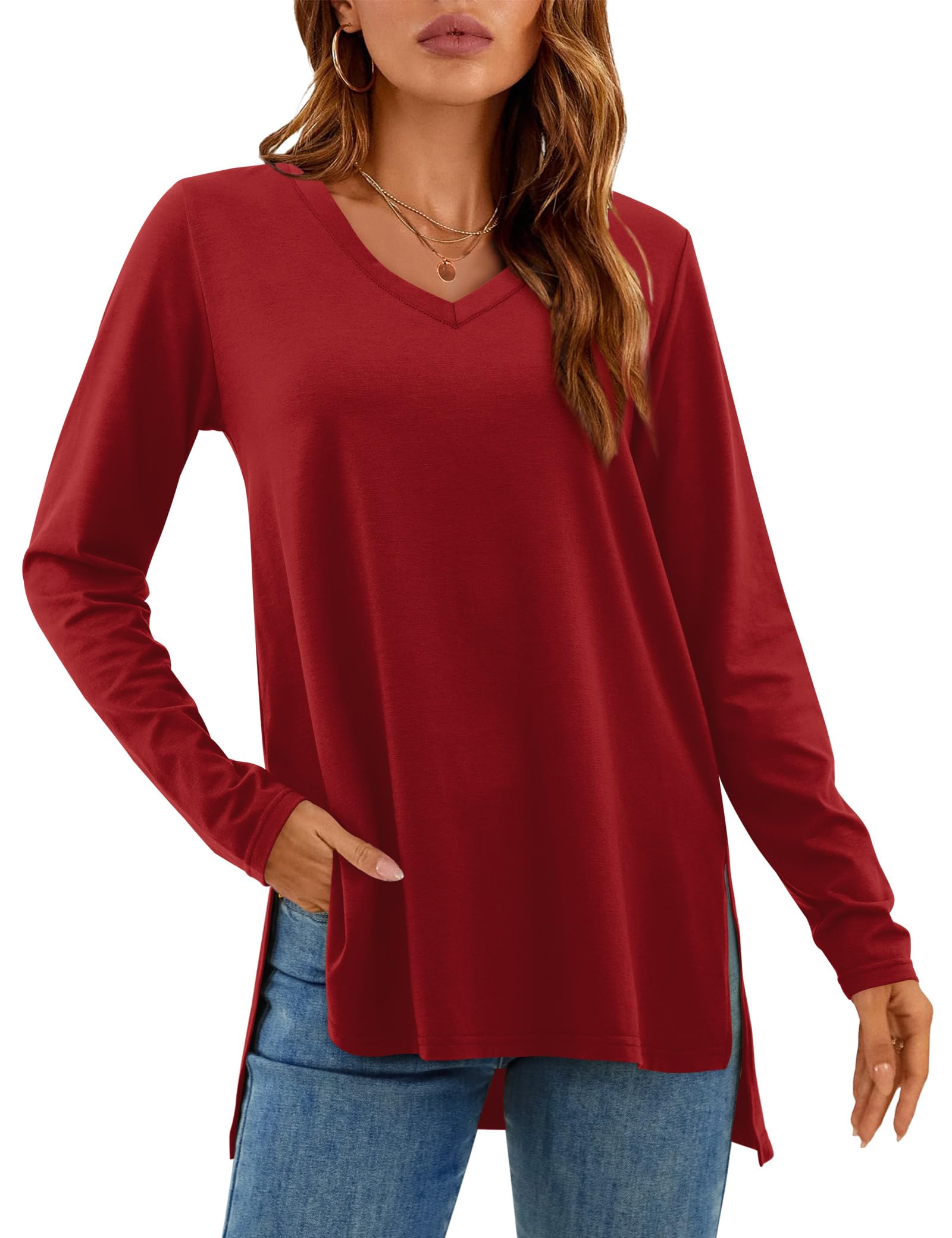 DittyandVibe Women's Long Sleeve V-Neck T-Shirt - Soft Cotton Tunic Top for Leggings | Casual Fall Outfit, Layering Essential, Work & Weekend Wear