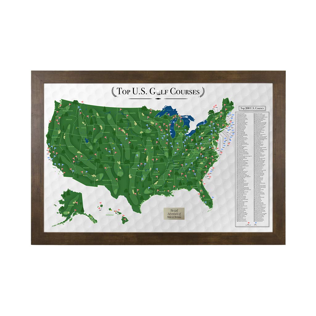 Custom Push Pin Travel Map of Top Golf Courses in USA - Rustic Brown Framed Wall Art with 150 Pins - Handmade in USA (27.5x39.5 inches) - Perfect for Golf Lovers & Home Office Decor