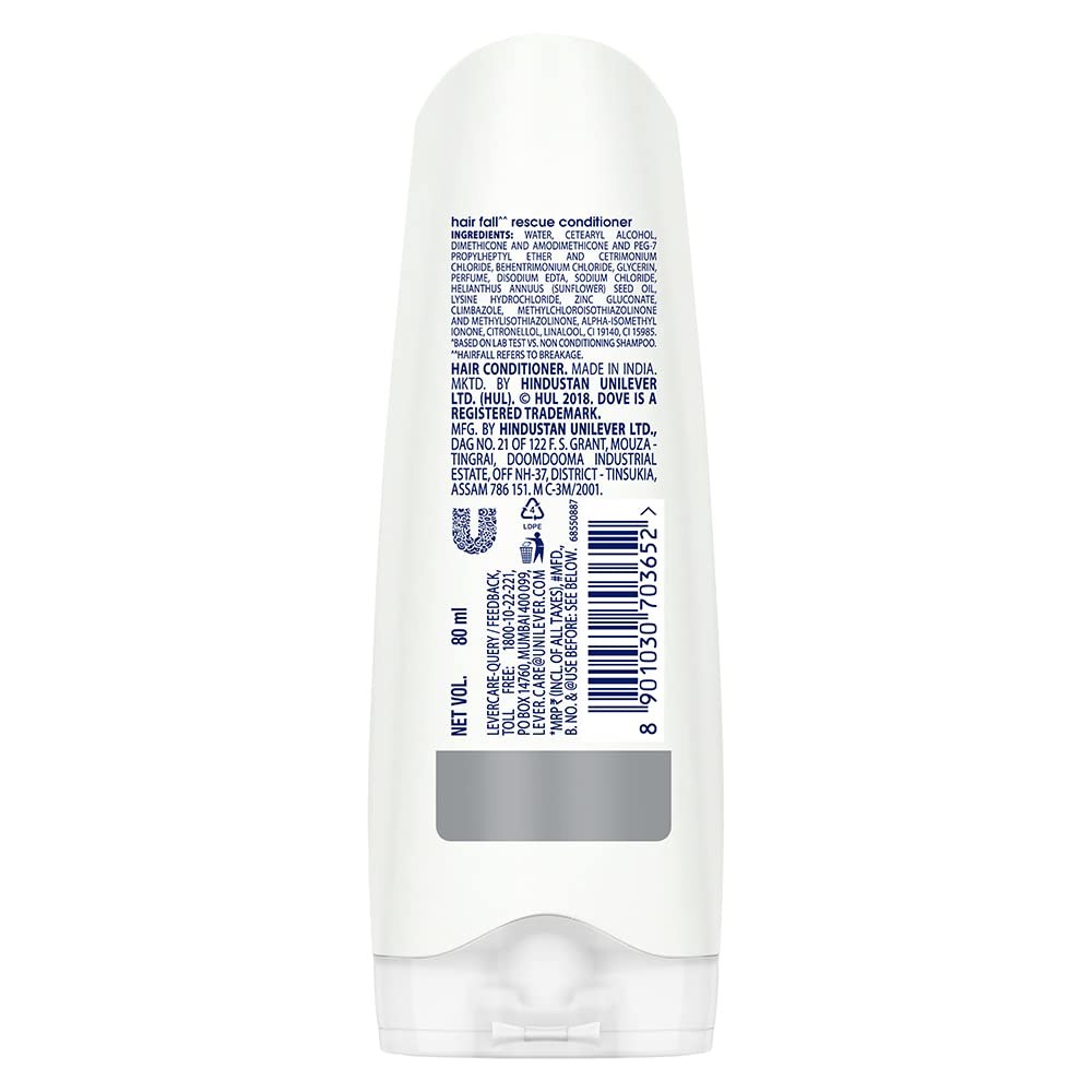 Dove Hair Fall Rescue Conditioner with Sunflower Oil & Moisture Lock Technology - 80ml for Hair Loss Control & Silky Smooth Hair - Daily Hair Care & Damaged Hair Repair - Ideal for Dry, Frizzy Hair & Post-Wash Nourishment