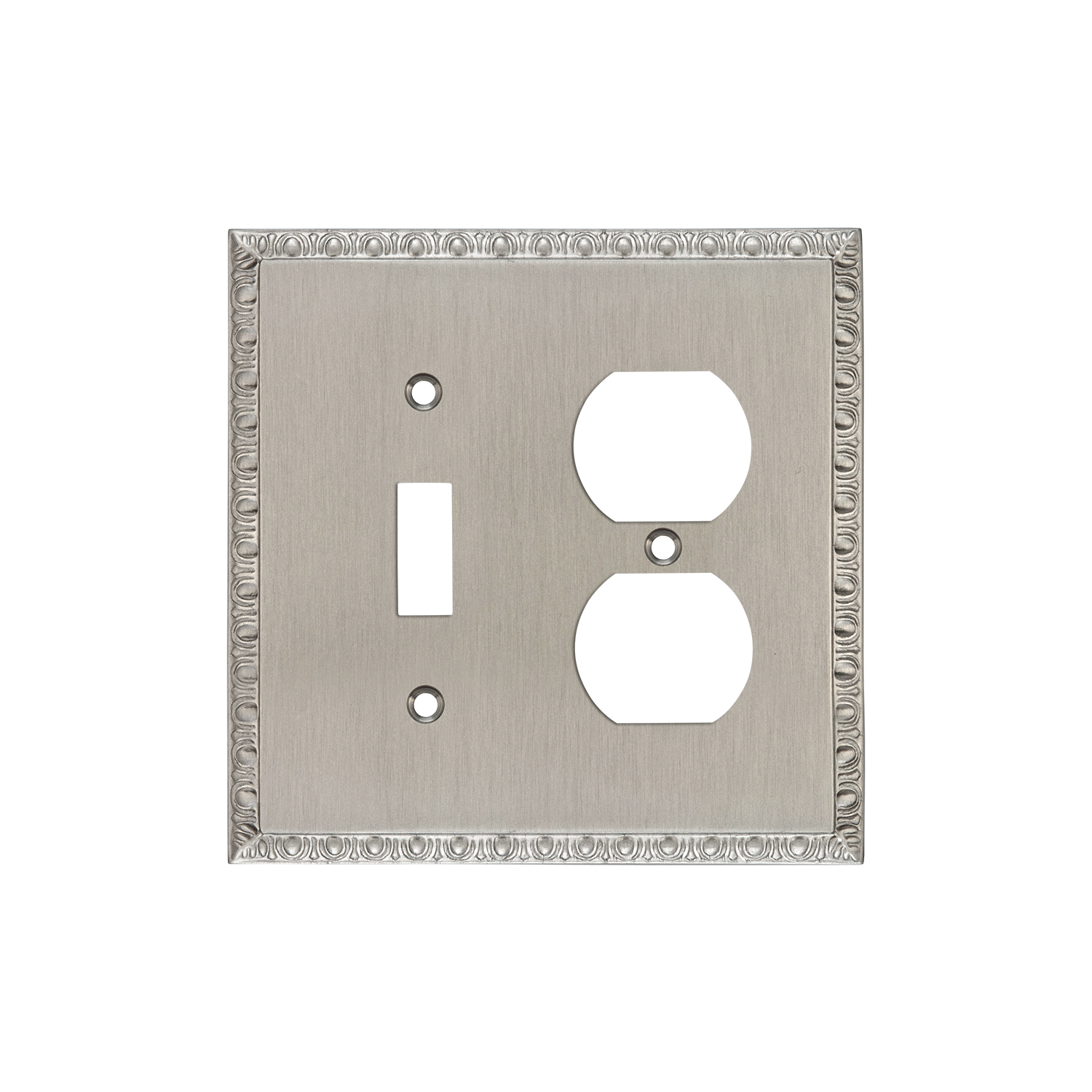 Satin Nickel Egg & Dart Design Toggle Switch Plate with Outlet - Elegant Wall Cover for Living Room, Bedroom & Office Decor