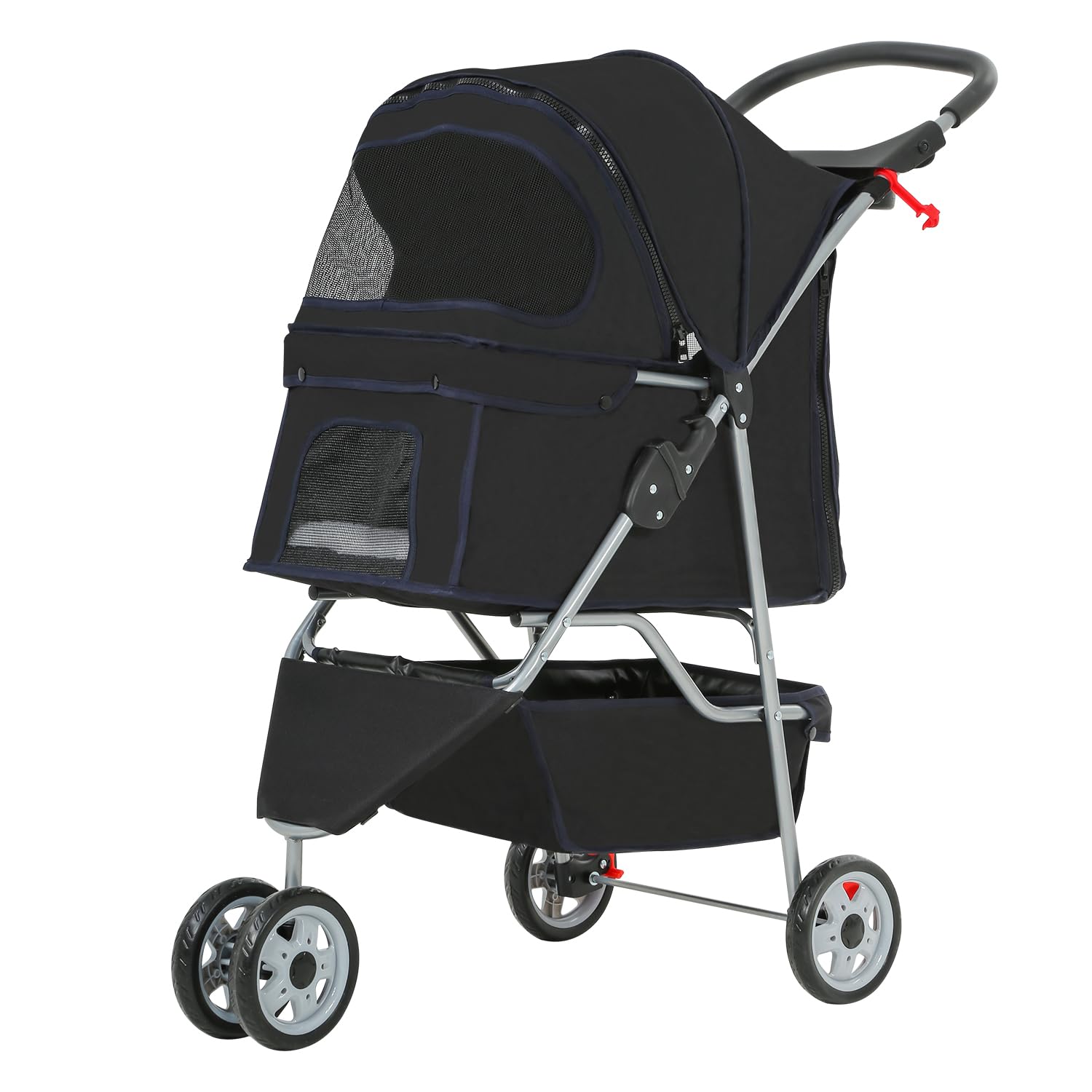 Furniture of America Buddy 3-Wheel Waterproof Folding Pet Stroller with Cup Holder & Mesh Window - Lightweight Travel Carrier for Dogs & Cats - Perfect for Park Walks, Shopping Trips & Outdoor Adventures (Black)