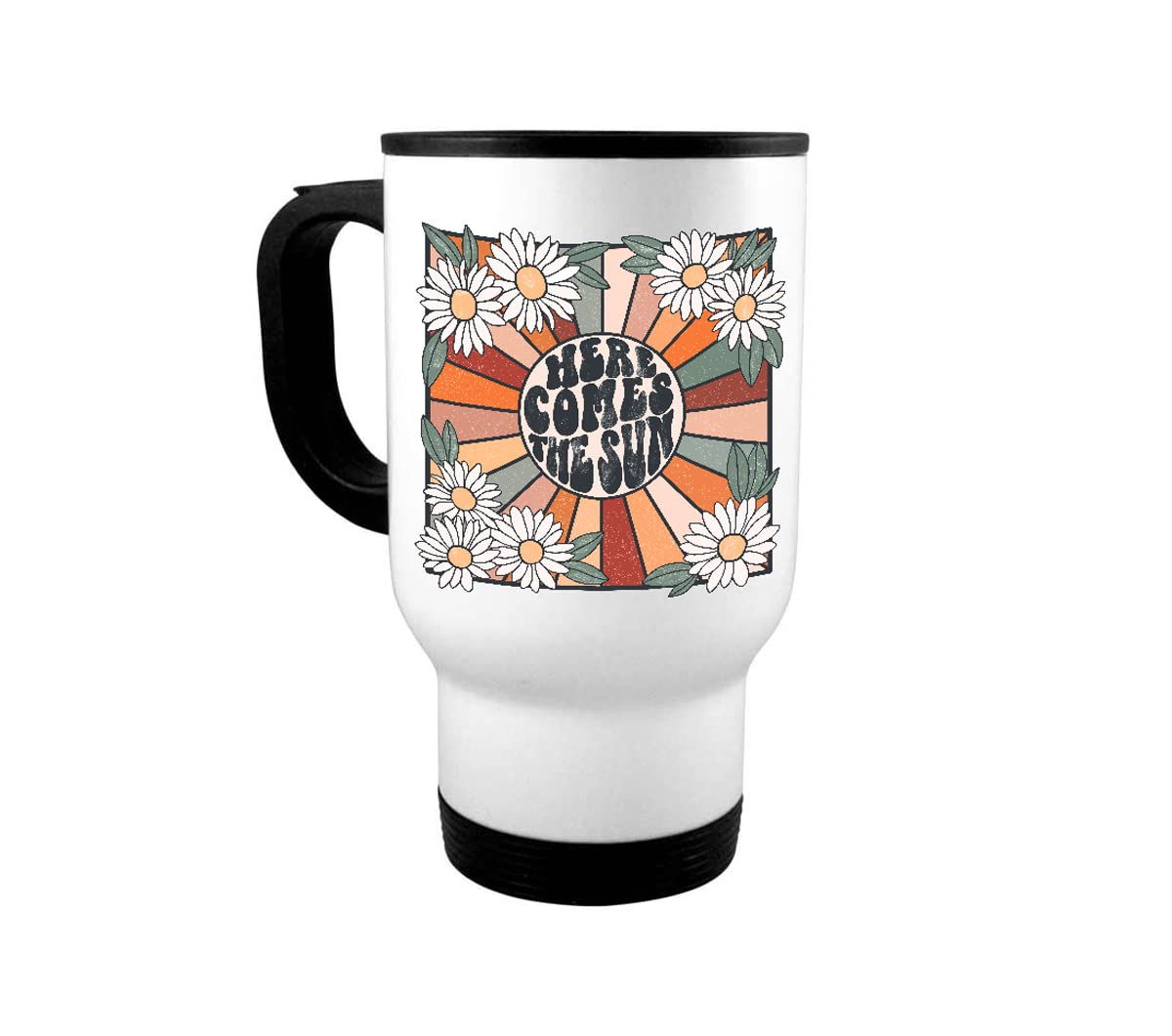 Personalized 14oz Travel Coffee Mug - Best Gift for Dad, Mom, Daughter & Men on Father's Day, Mother's Day, Birthday, Valentine's Day & Christmas | Here Comes The Sun Design | Perfect for Home, Office & Travel Use
