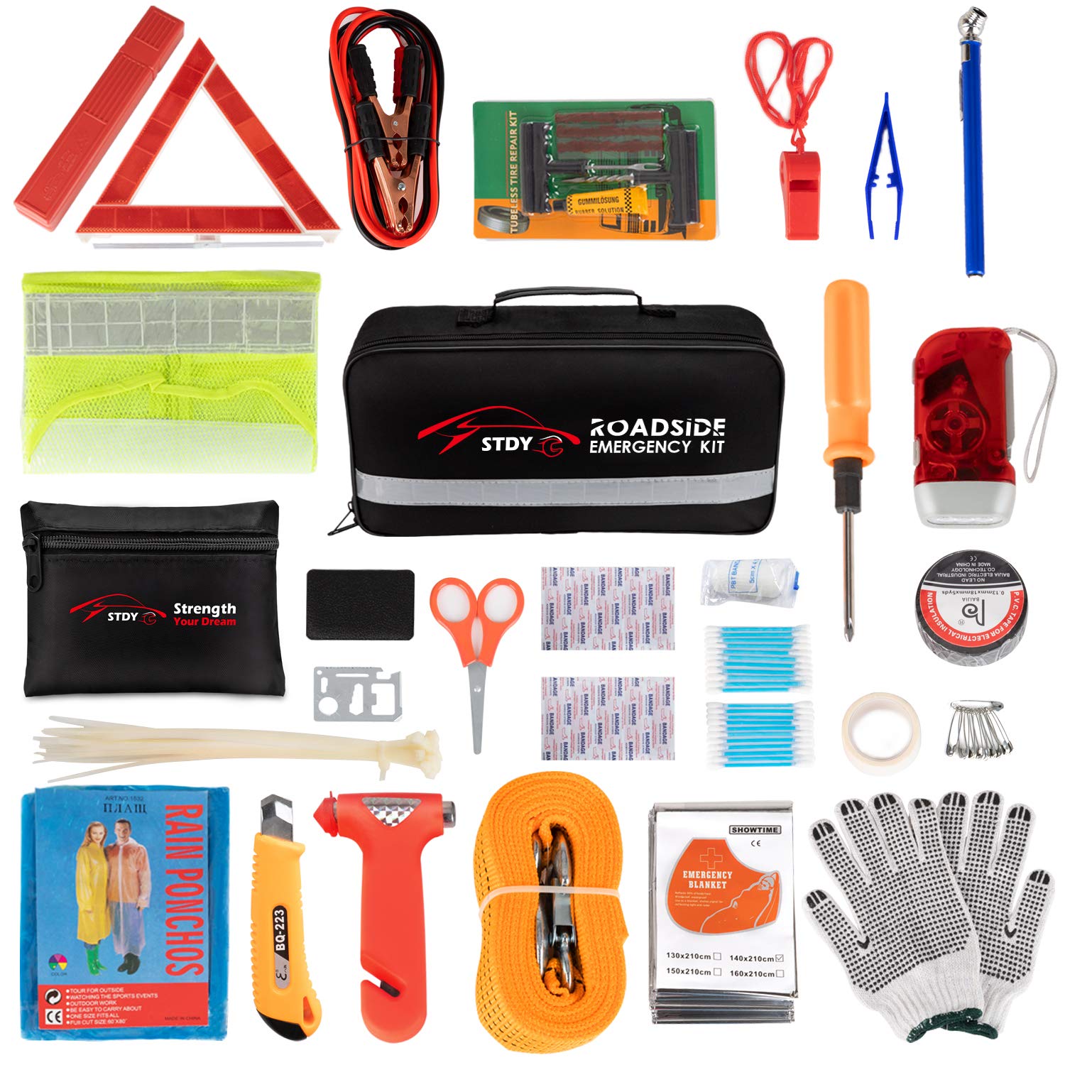 Premium Car Roadside Emergency Kit - 120-Piece Vehicle Safety & Roadside Assistance Set with Jumper Cables, First Aid Kit, Tow Rope, Reflective Triangle & Tire Gauge | Essential Auto Accessories for Trucks, SUVs & Cars | Perfect for Road Trips, Commuting & Winter Driving