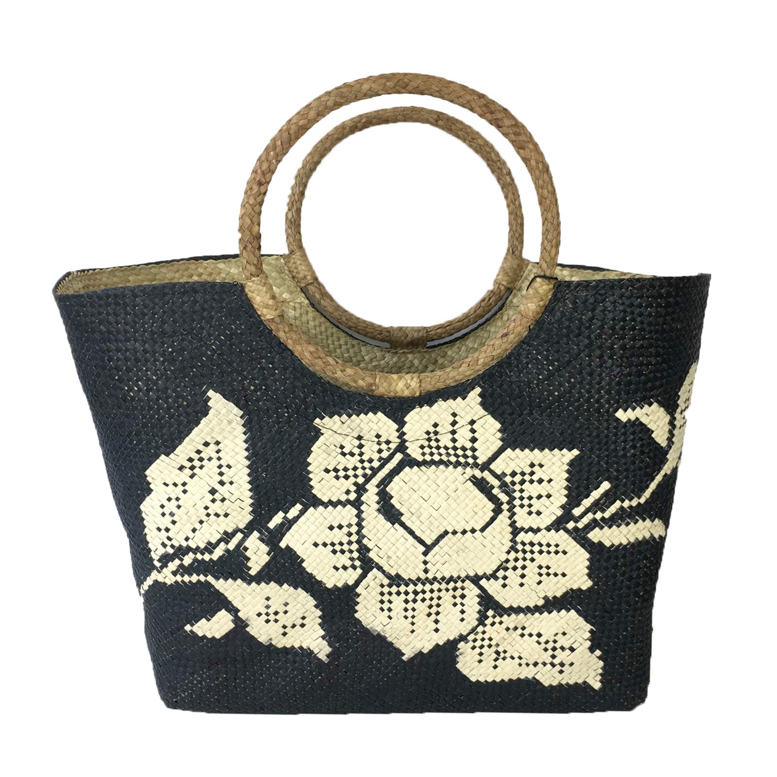 Banago Olivia White Rose Straw Large Circle Handle Tote Bag - Black | Eco-Friendly Woven Beach Bag for Summer, Picnics & Shopping