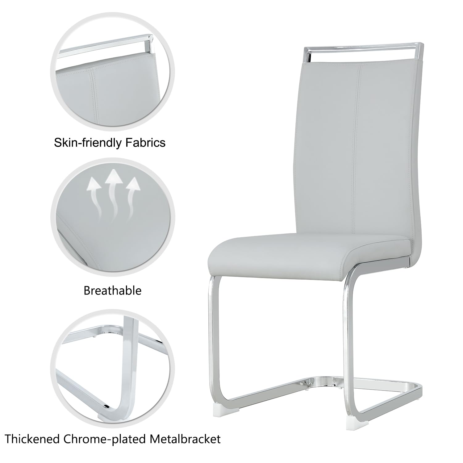 Modern Metal Dining Chairs Set of 2 - High Back Faux Leather Padded Kitchen Chairs with Sturdy Chrome Legs - Light Gray for Dining Room & Breakfast Nook
