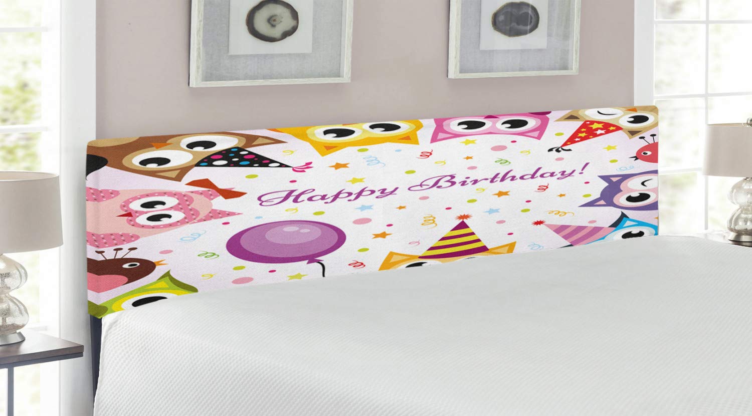 Ambesonne King Size Upholstered Headboard with Memory Foam - Colorful Owl Family Birthday Party Design, Decorative Metal Bed Frame Headboard for Bedroom, Perfect for Kids Room & Celebration Themed Decor