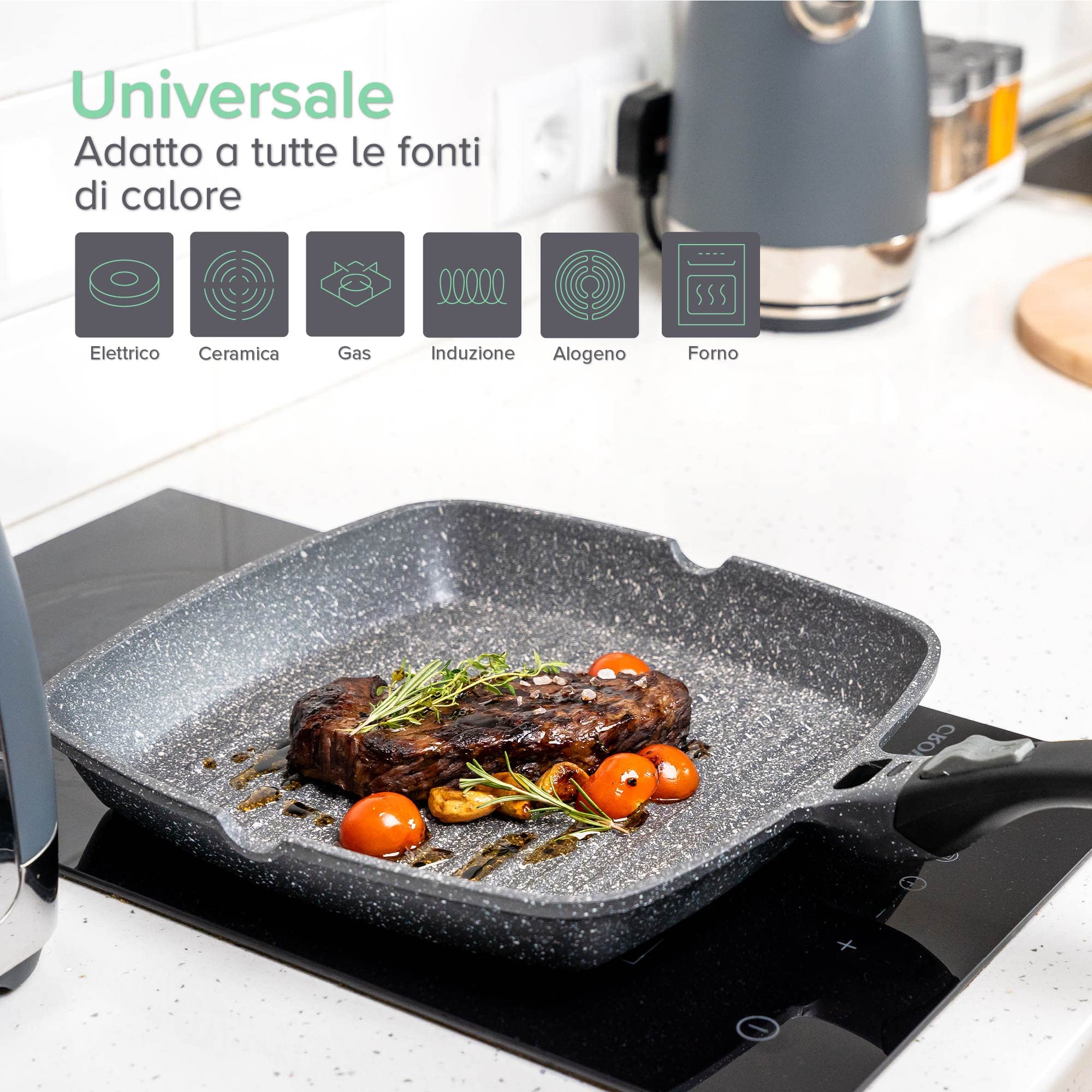 Nonstick Induction Grill Pan 28cm | 100% PFOA-Free Steak Griddle | ILAG Granistone Coated Aluminum Pan with Removable Handle | Compatible with Induction, Gas & Oven | Perfect for Indoor Grilling, BBQ & Healthy Cooking