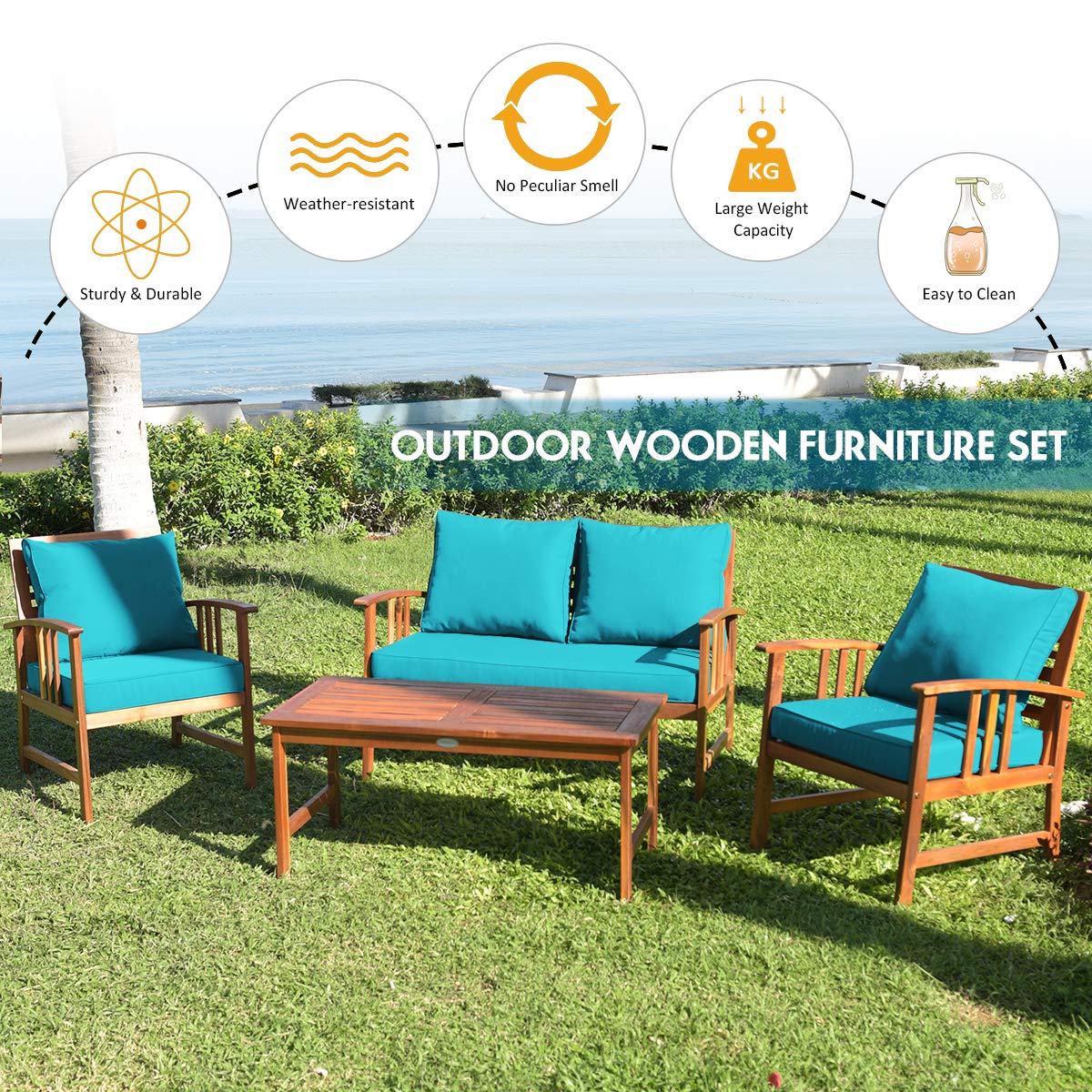 Tangkula 8-Piece Acacia Wood Outdoor Patio Furniture Set with Gray Cushions & Back Pillows - Garden, Backyard, Poolside Conversation Set with Coffee Table - Perfect for Outdoor Entertaining, Relaxing, and Lounging